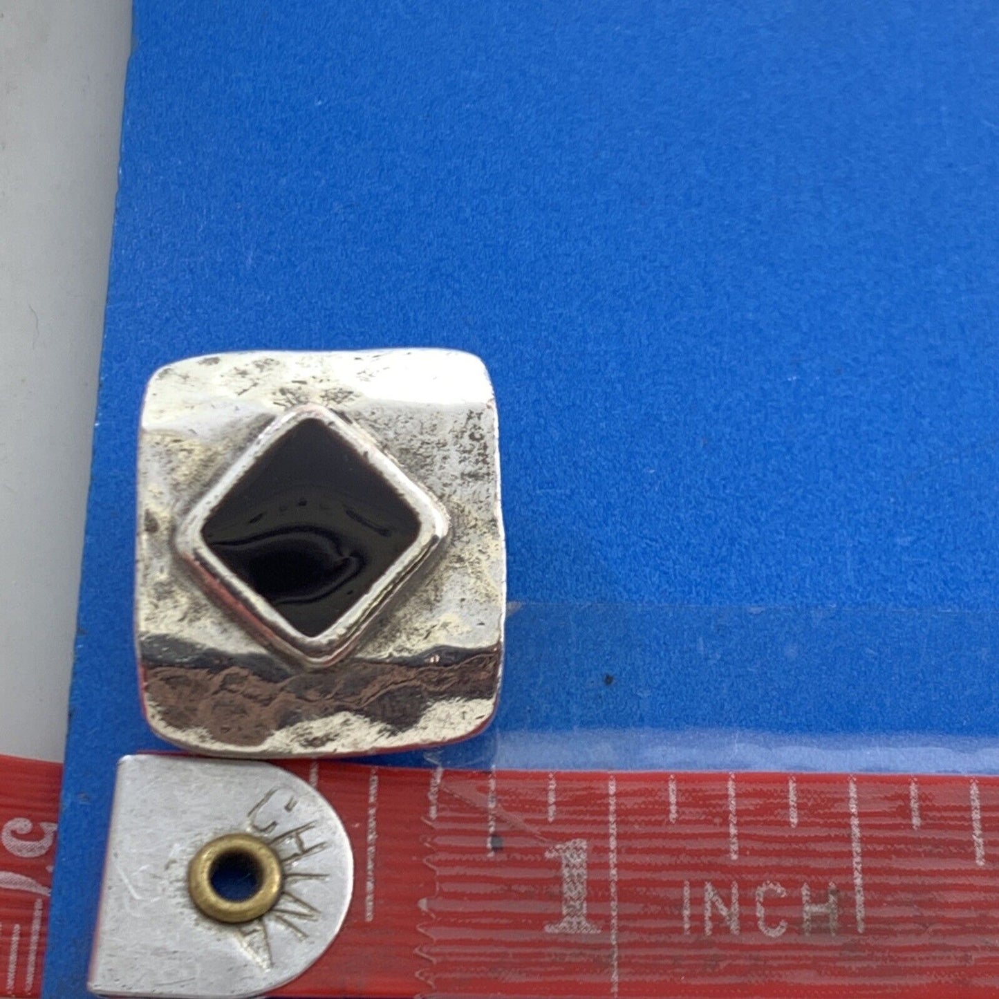 Vintage Hammered 925 Sterling Silver Square Black Onyx Clip On Earrings