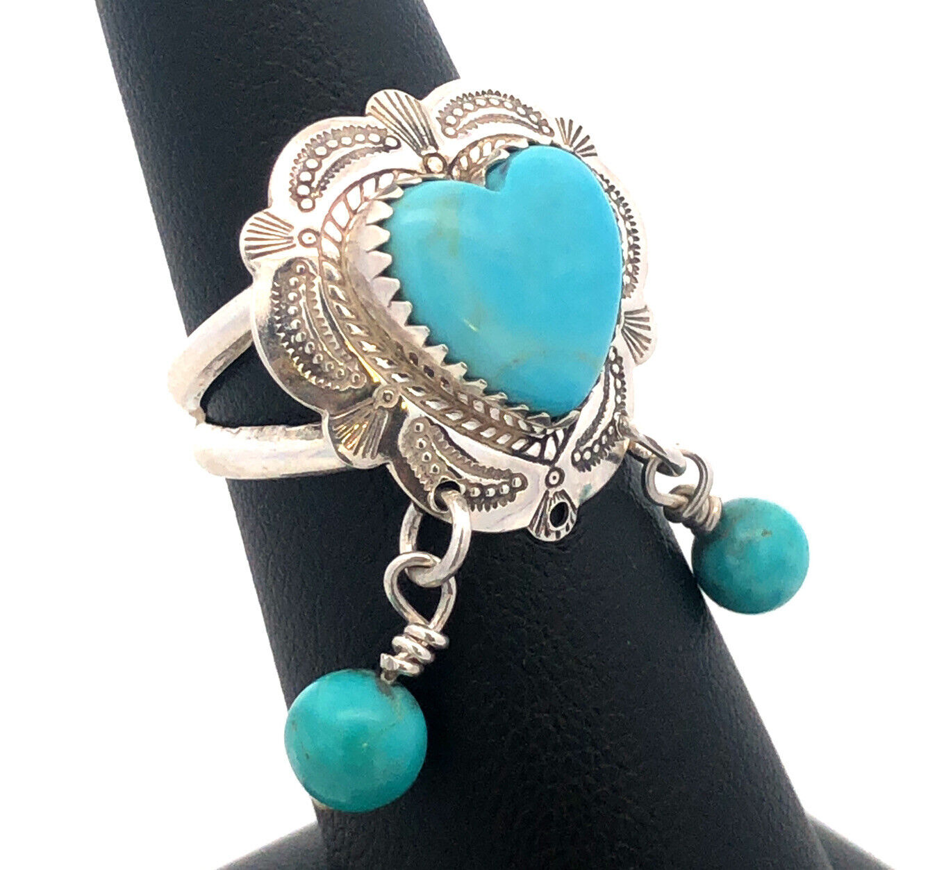 Native American QT 925 Sterling Silver Heart Turquoise Dangle Bead Charm Ring