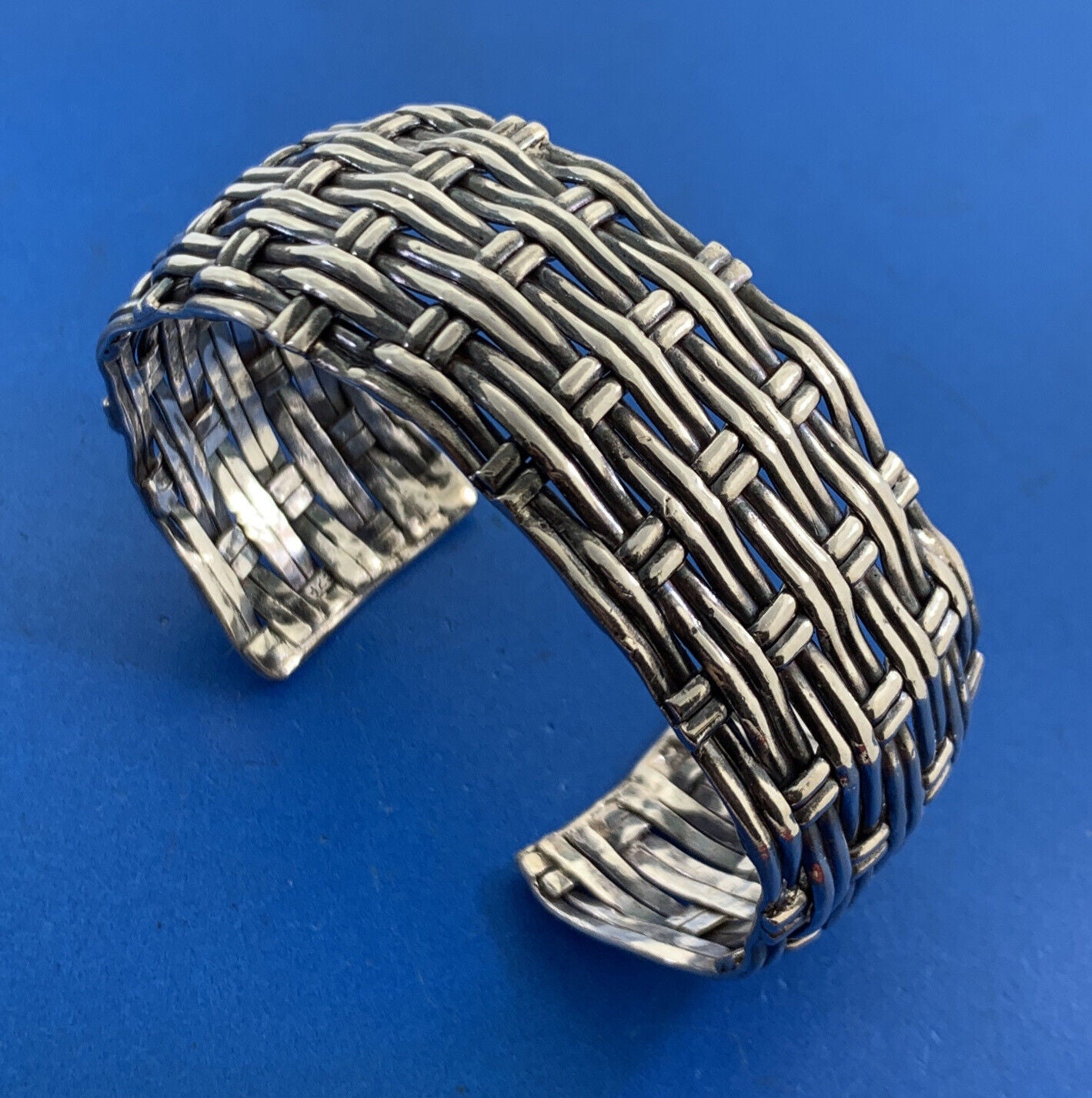 Artisan 925 Sterling Silver Basket Weave Statement Open Cuff Bracelet