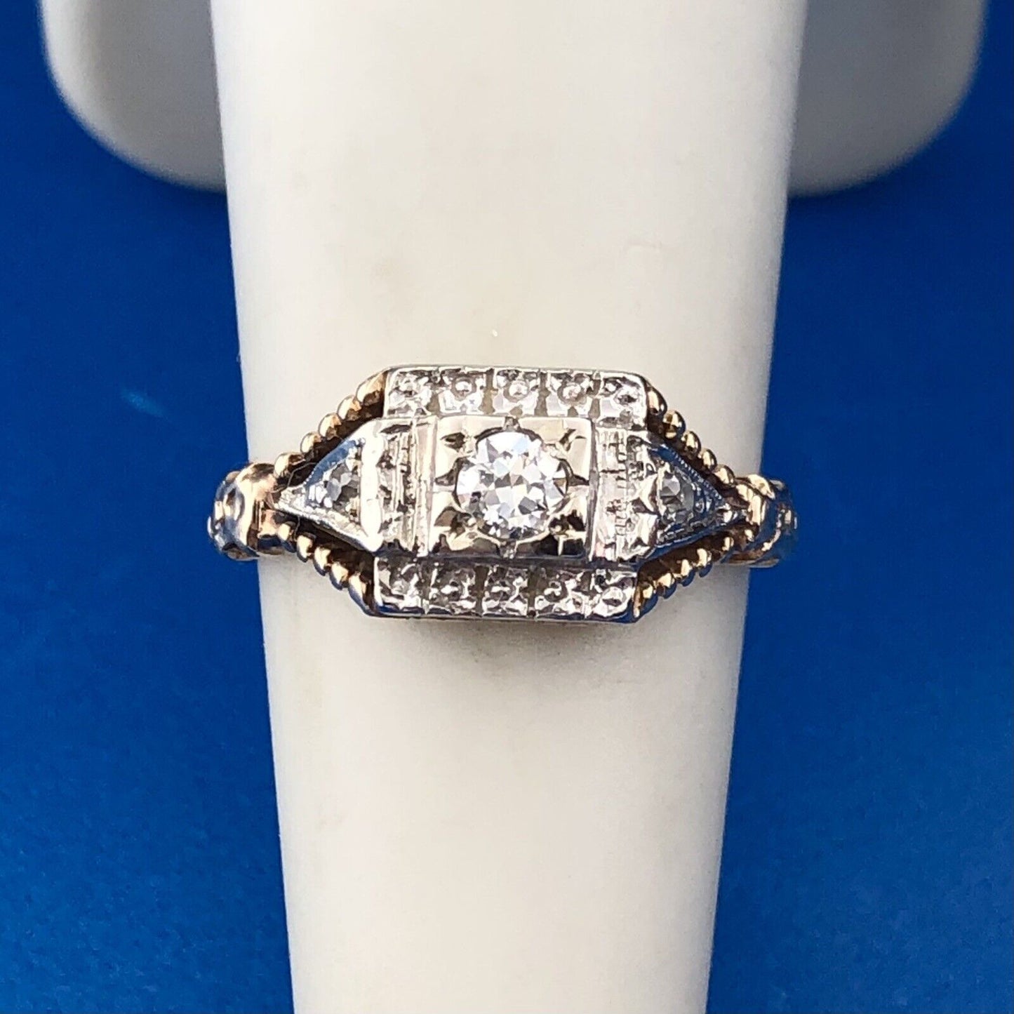 Art Deco 14K White Yellow Gold Diamond Accented Etruscan Style Engagement Ring