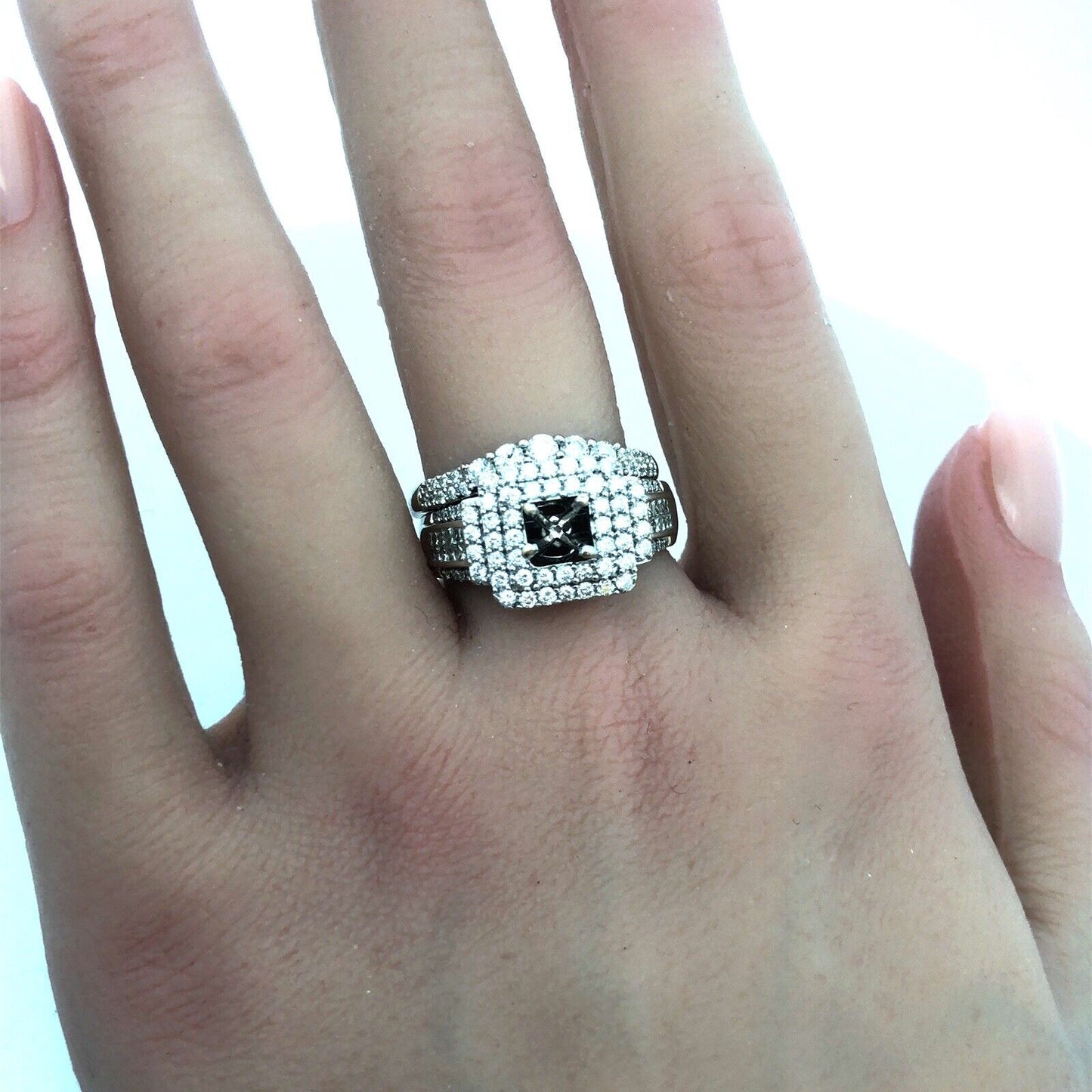 14K White Gold Diamond Triple Halo Mounting Diamond Wave Band 2 Pc Bridal Set