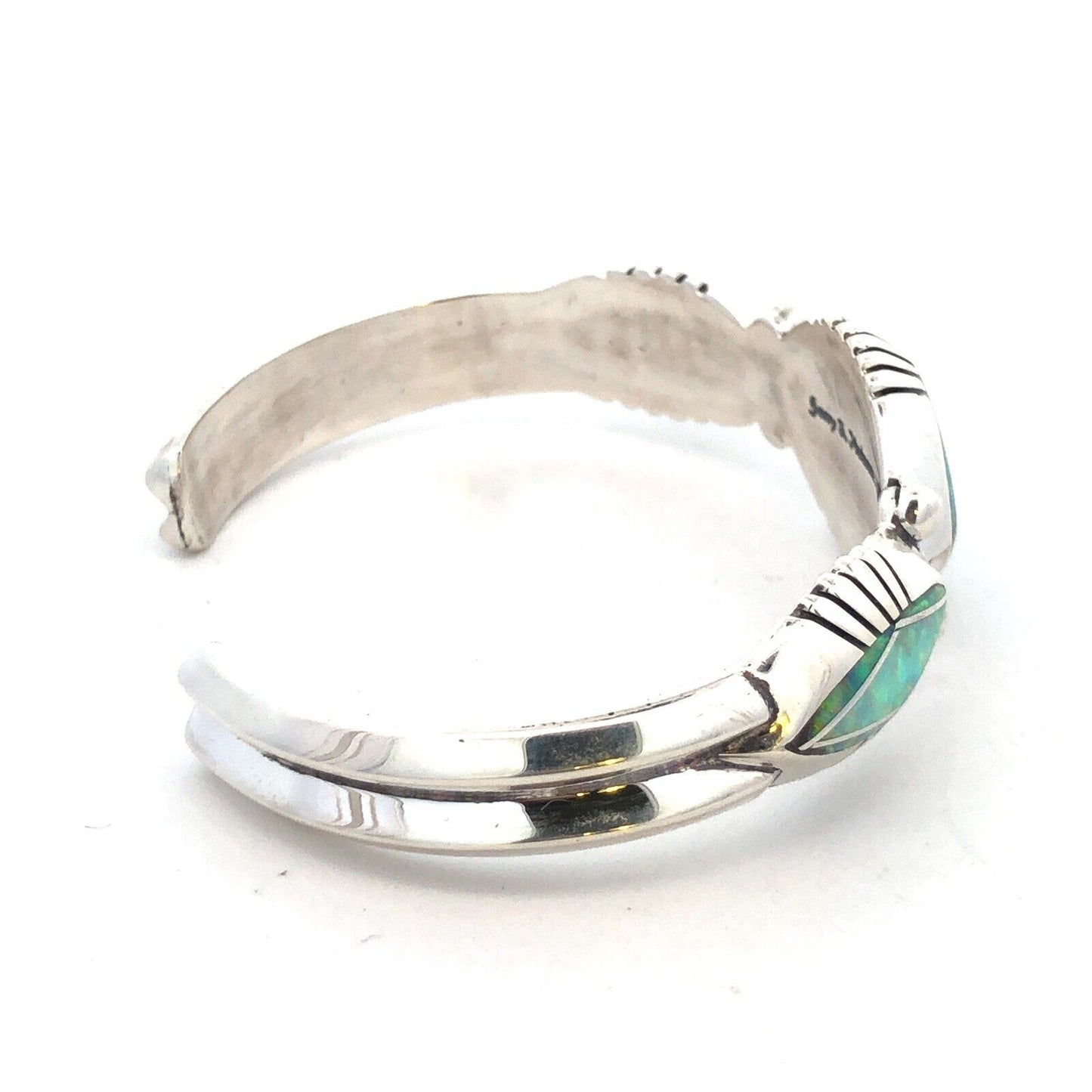 Native American Jerry T Nelson 925 Sterling Silver Blue Opal Oval Cuff Bracelet