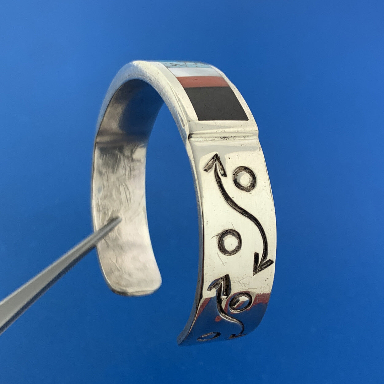 Native American 925 Sterling Silver Storyteller Mixed Gemstone Cuff Bracelet