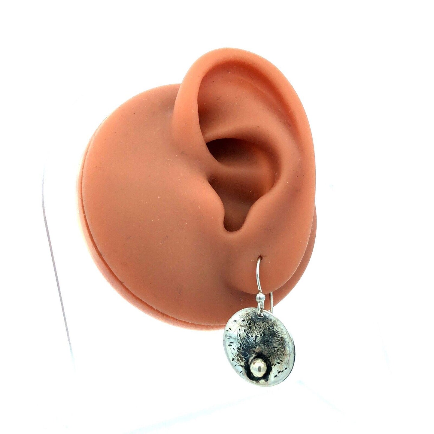 Vintage 925 Sterling Silver Round Textured Modernist Hook Dangle Earrings