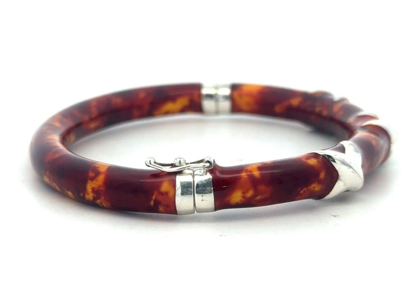 Milor Italy Sterling Silver Tortoise Shell Enamel Oval Hinged Bangle Bracelet