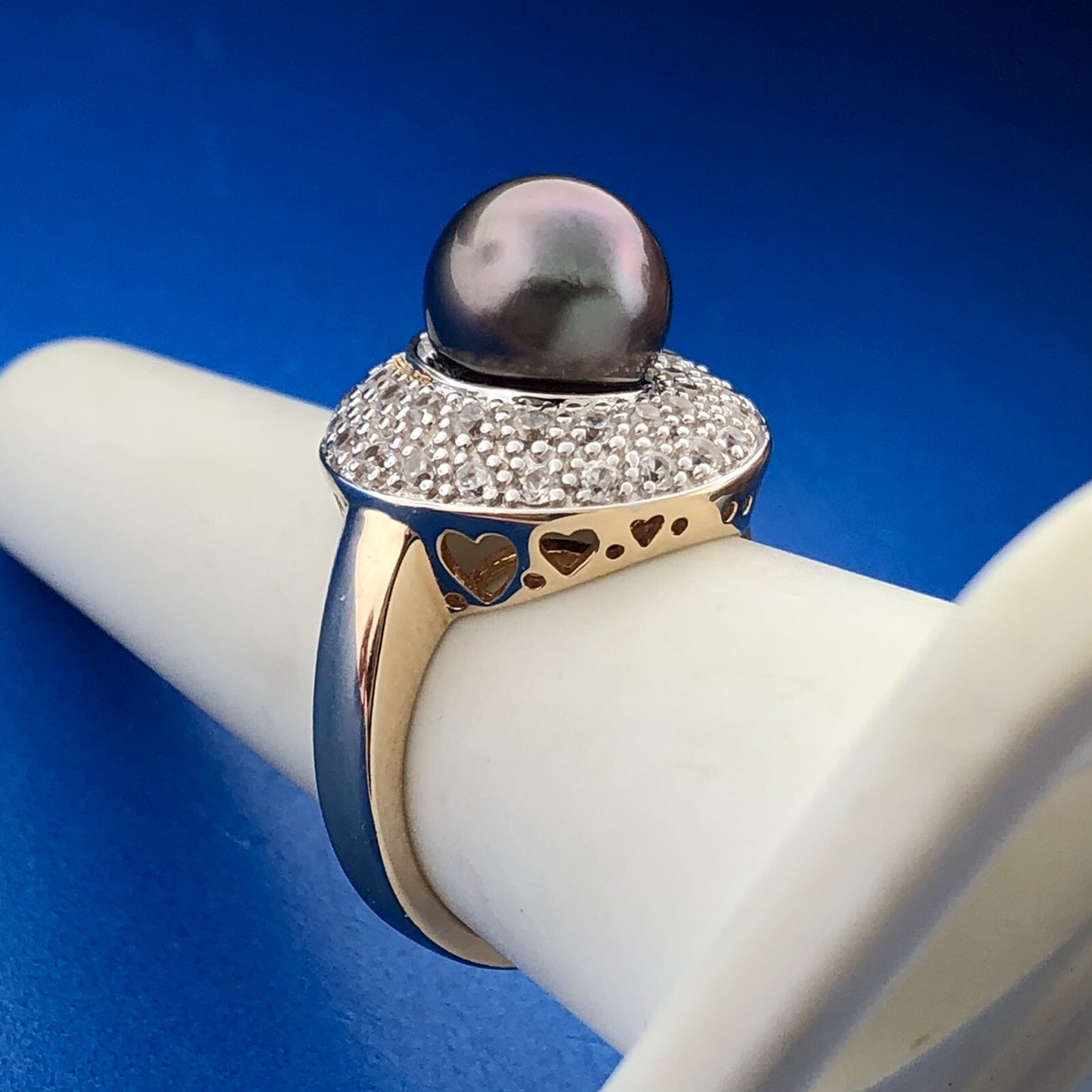 Designer 925 Sterling Silver Two Tone Pearl Solitaire White Topaz Accent Ring