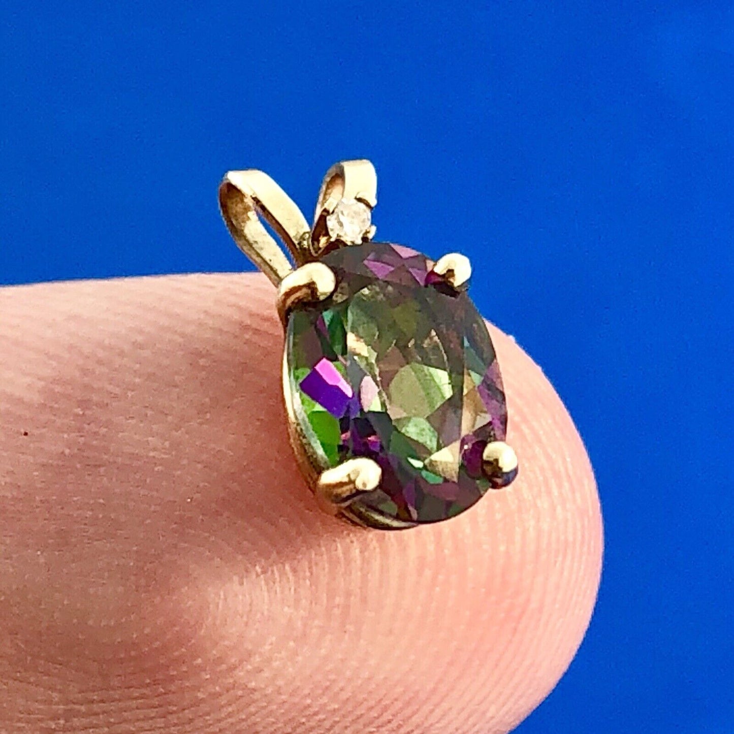 Designer 10k Yellow Gold Oval Mystic Topaz Diamond Accented Pendant