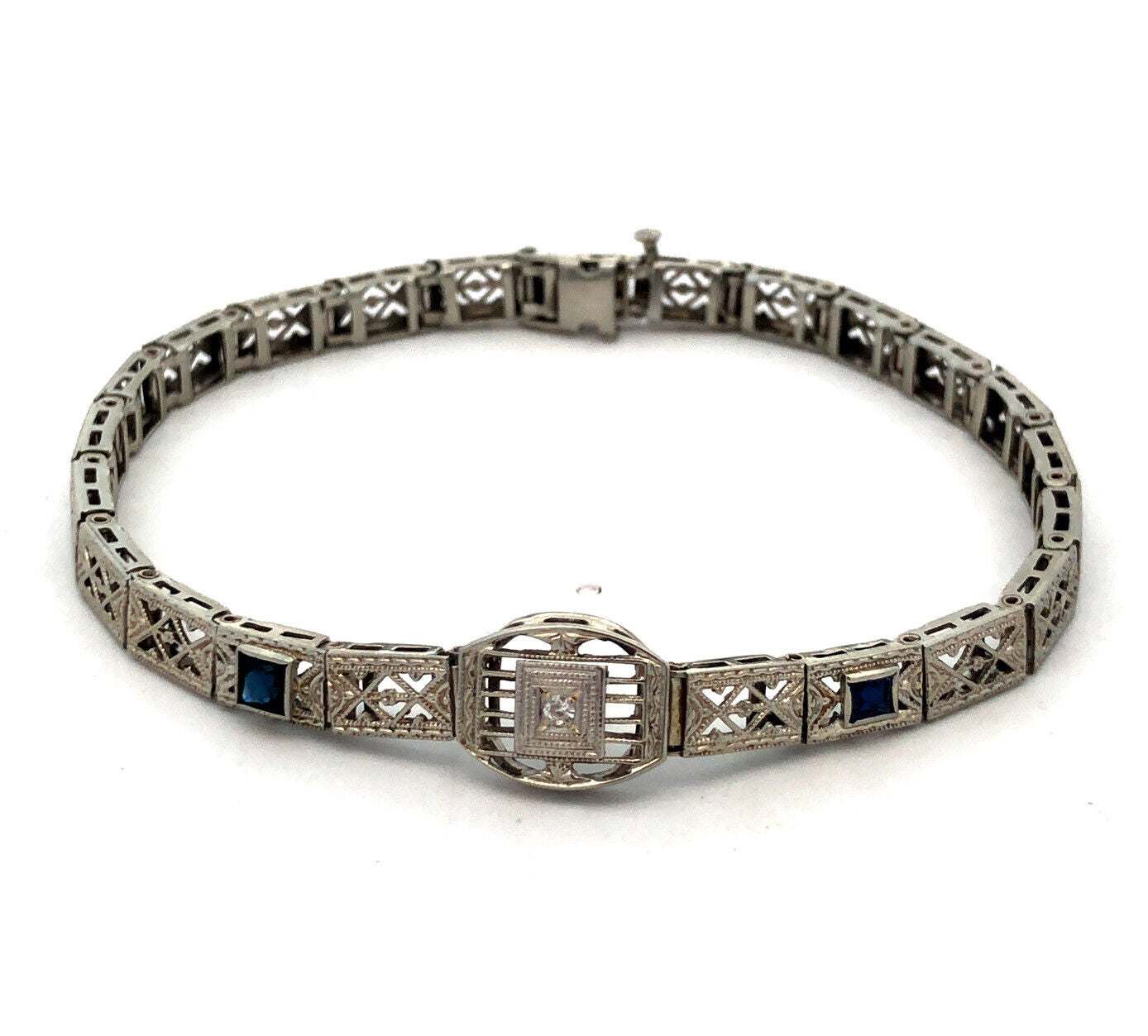 Vintage Art Deco 10K White Gold Diamond Sapphire Filigree Panel Tennis Bracelet