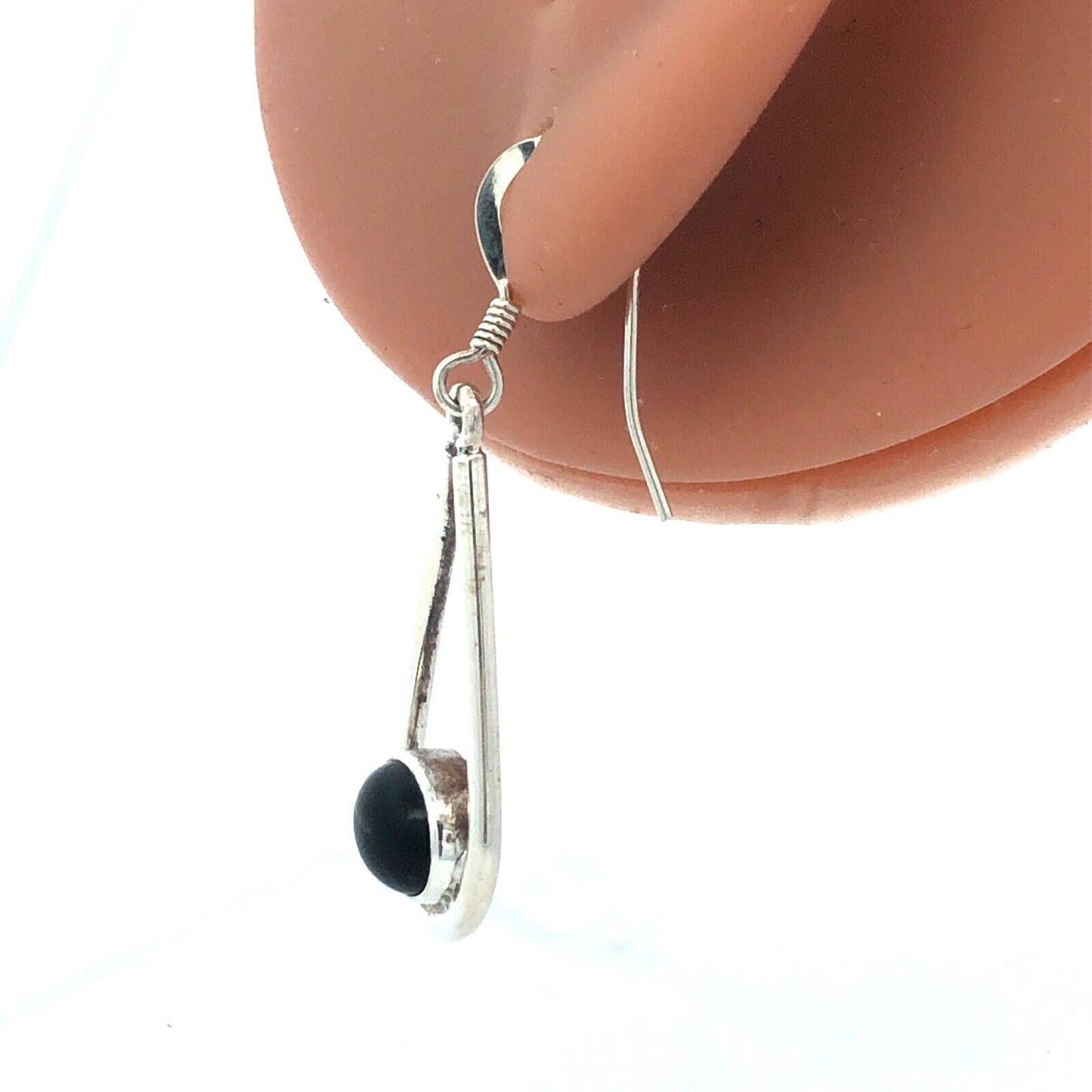 Native American RLH 925 Sterling Silver Oval Black Onyx Hook Dangle Earrings