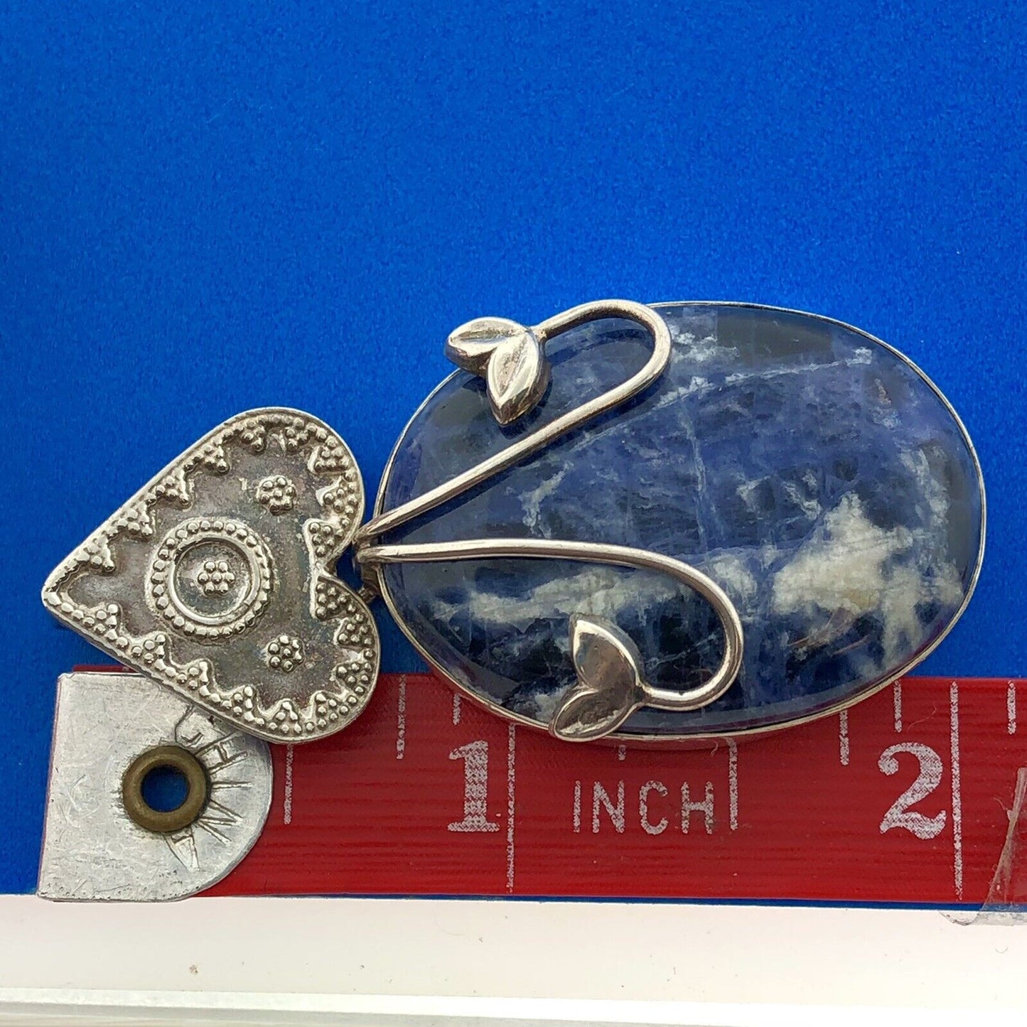 Vintage 925 Sterling Silver Lapis Lazuli Floral Beadwork Statement Pendant