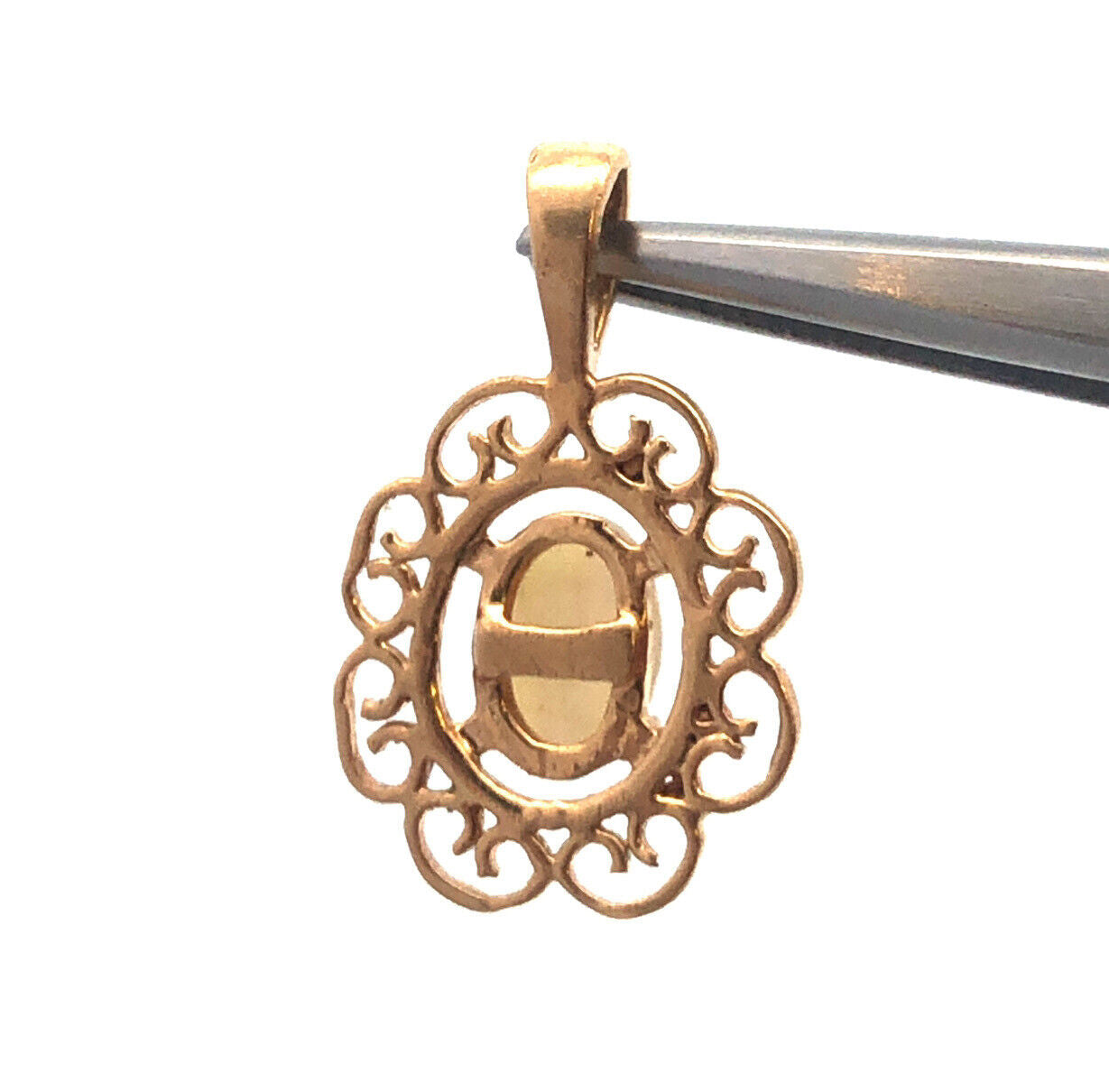 Vintage 10K Yellow Gold Oval Opal Filigree Open Scroll Petite Pendant