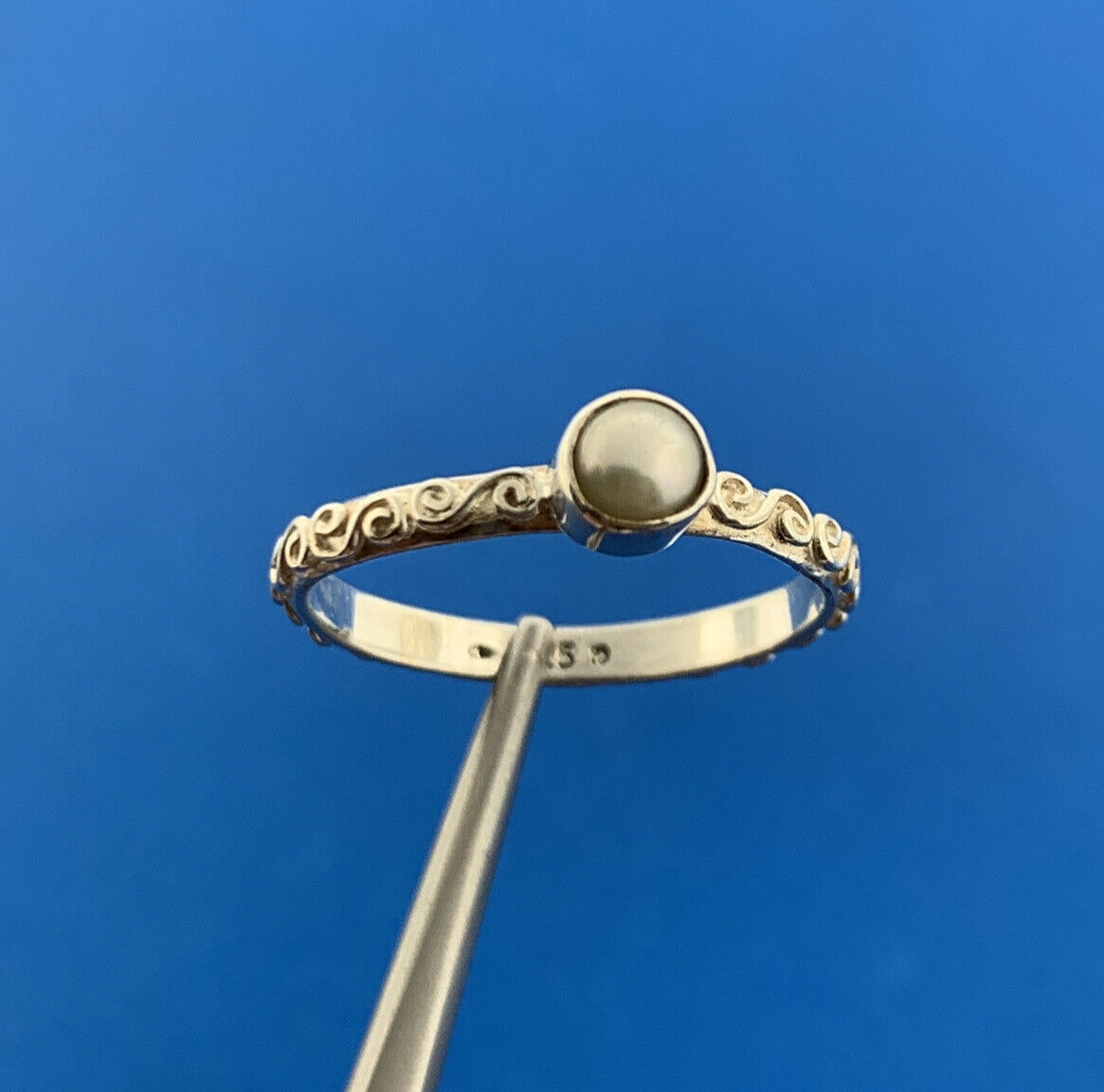 Designer 925 Sterling Silver Pearl Scroll Design Stackable Band Ring