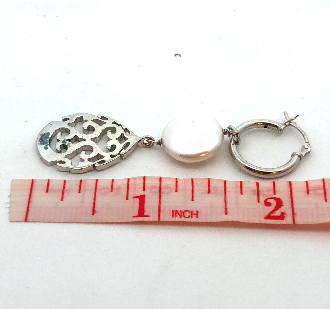 925 Sterling Silver Round Filigree Pearl Dangle Hoop Earrings