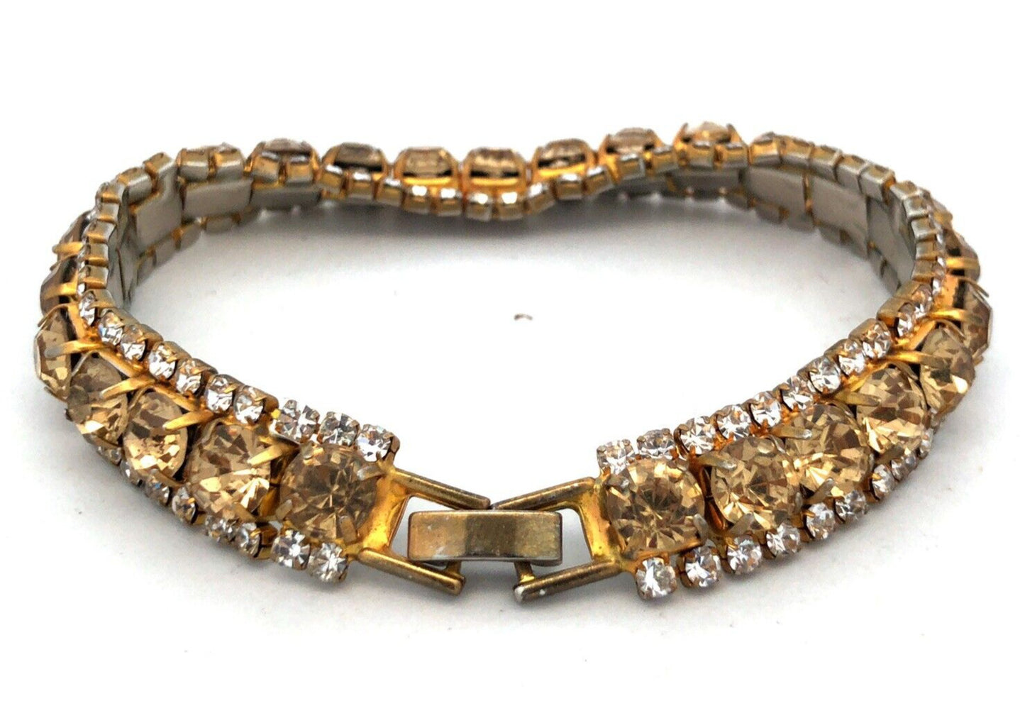 Vintage Gold Tone Champagne White Rhinestone Statement Tennis Bracelet