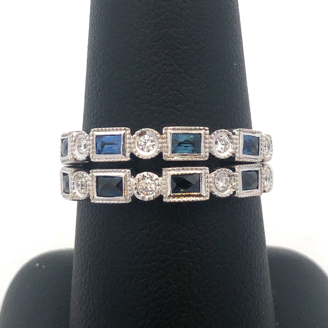18K White Gold Emerald Cut Sapphire Round Diamond Stackable Anniversary Ring