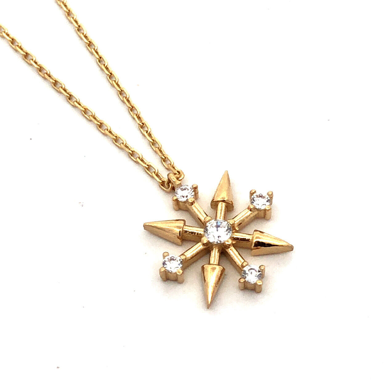 Retro 10K Yellow Gold Round Cubic Zirconia Star Burst Snowflake Pendant Necklace