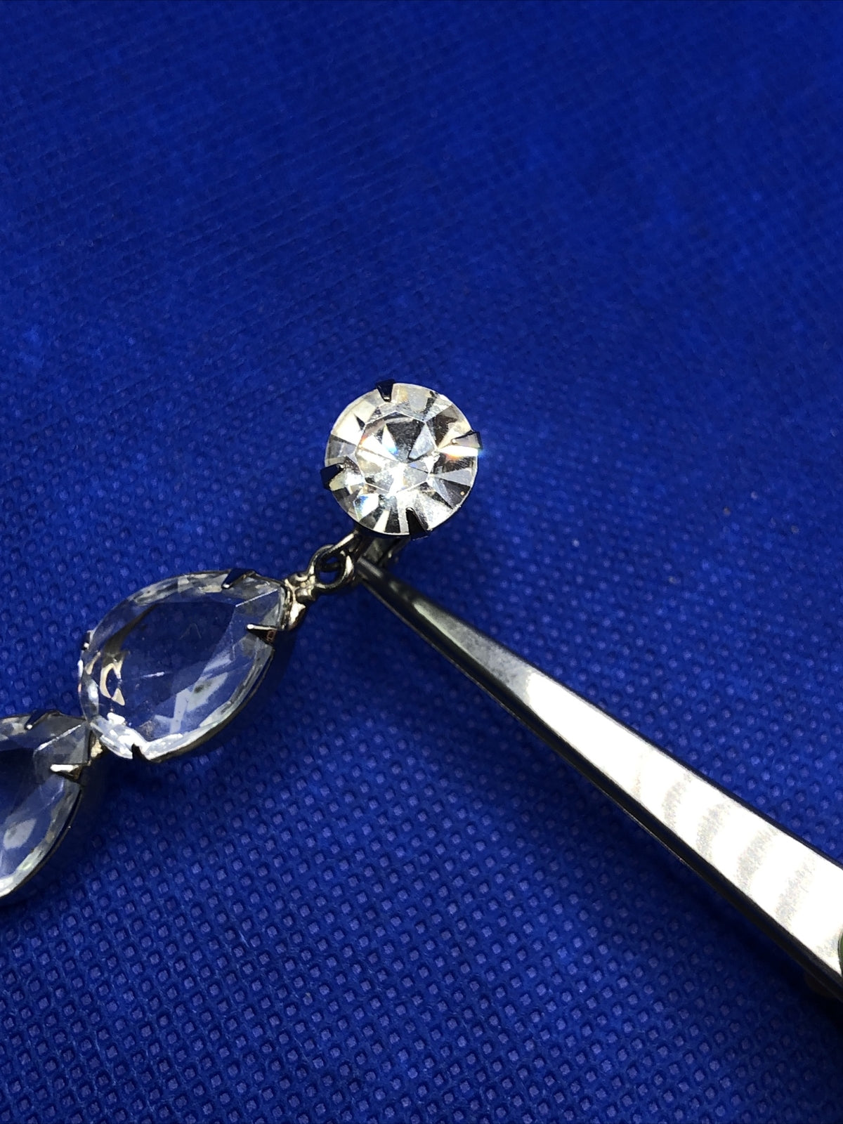 1970's Runway Couture Silver Tone Faceted Crystal Drop Dangle Clip Earrings