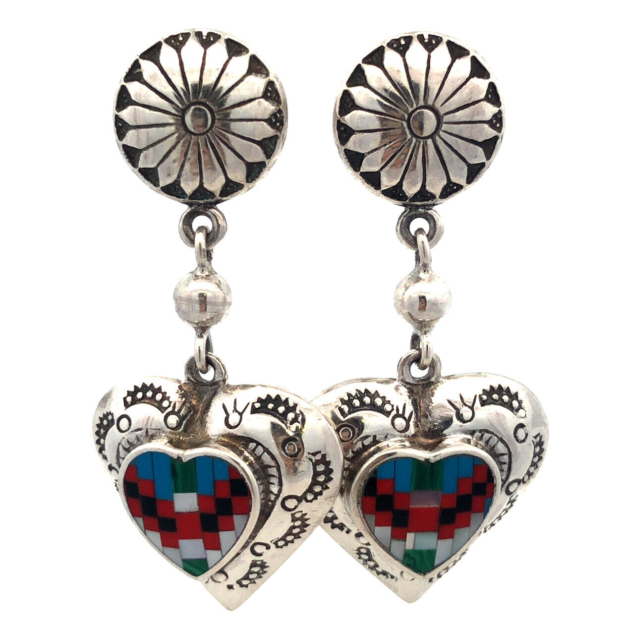 Native American Concho 925 Sterling Silver Multi Gemstone Heart Dangle Earrings