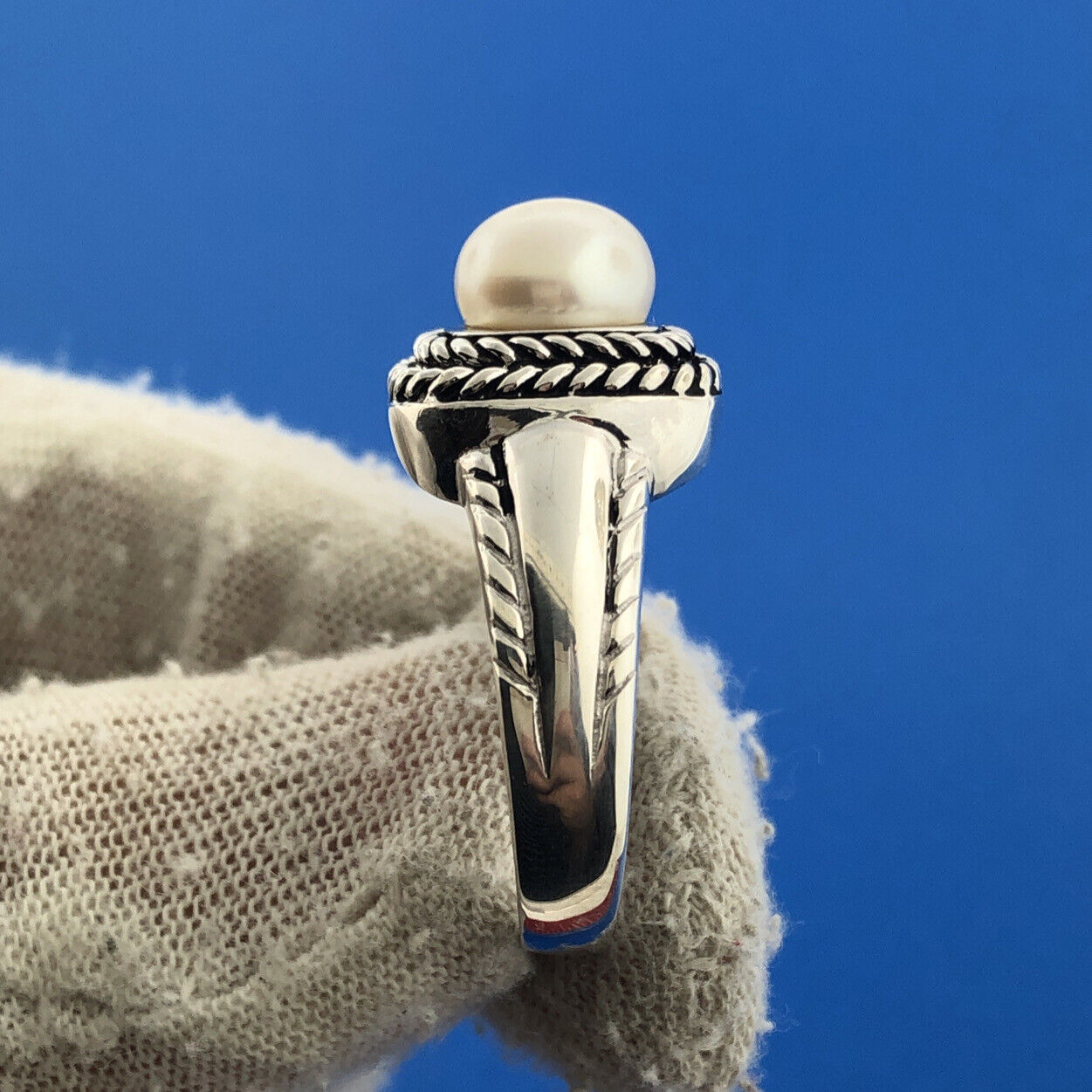 Stunning Sterling Silver 925 White Pearl Square Rope Statement Ring Size 11