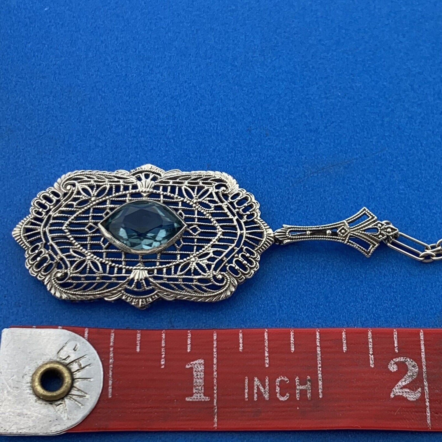 Art Deco 10K 14K White Gold Marquise Art Glass Open Filigree Statement Necklace