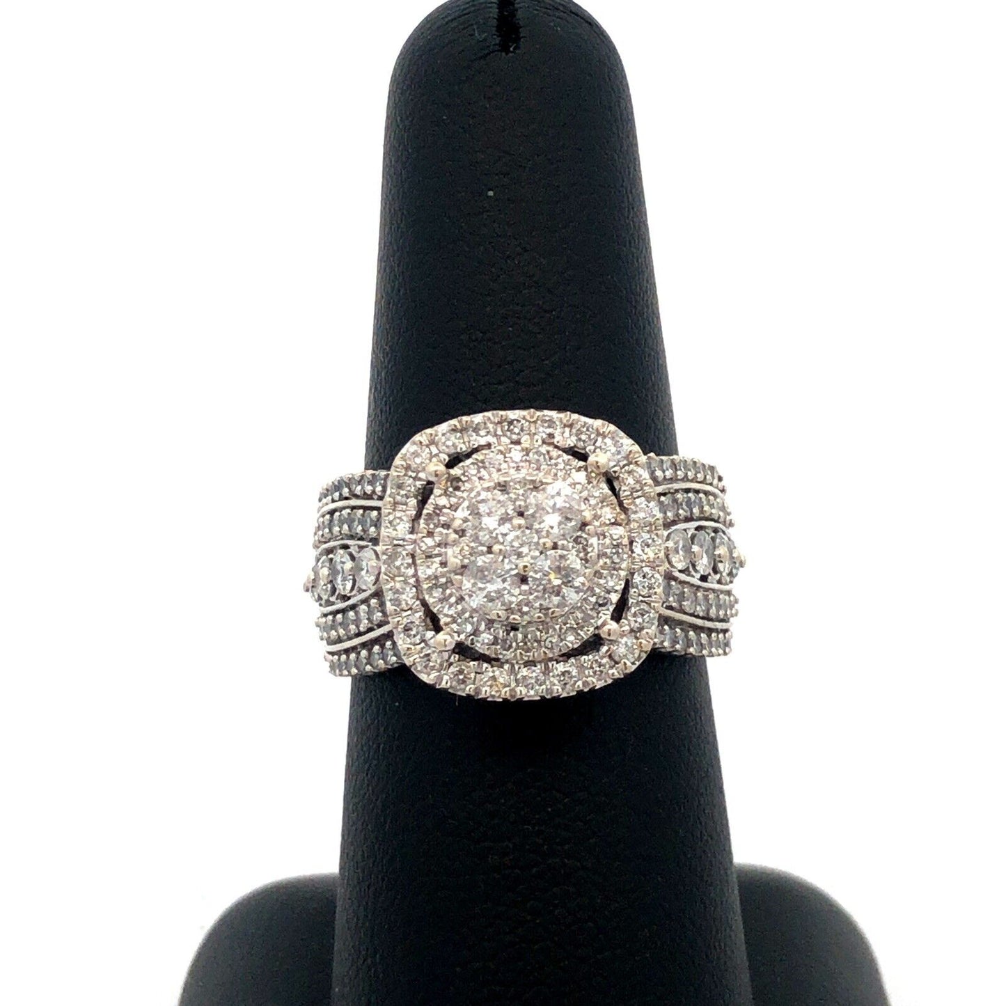 Designer IKS 10K White Gold Round Diamond Cluster Halo Statement Engagement Ring