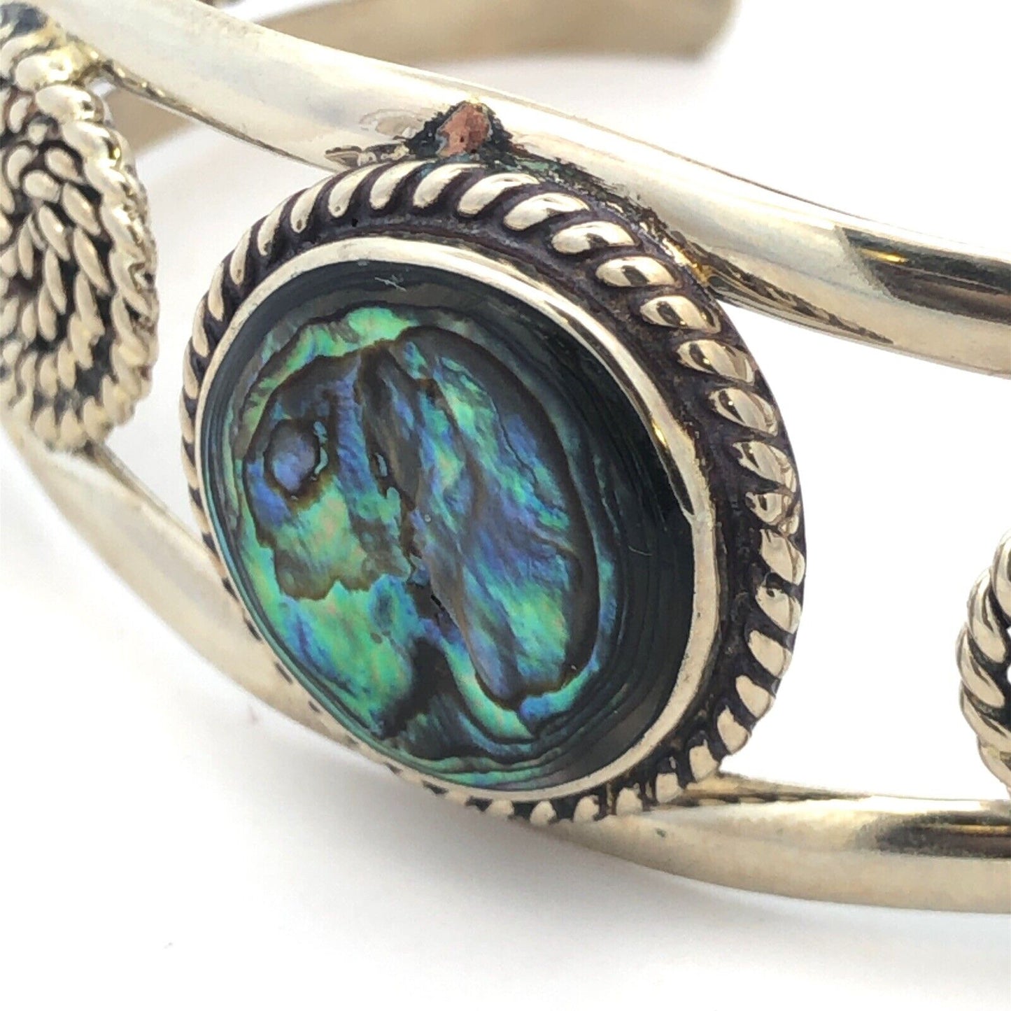 Vintage Mexico Alpaca 925 Sterling Silver Round Abalone Filigree Cuff Bracelet