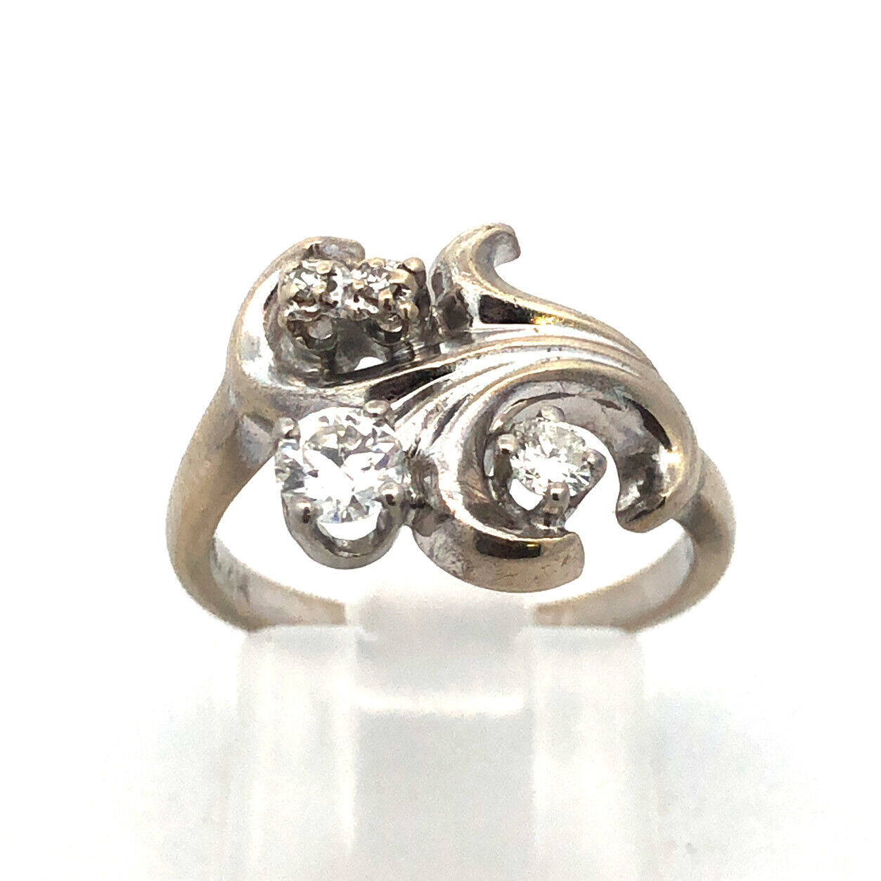 Art Deco 14K White Gold Diamond Fleur De Lis Flower Cluster Cocktail Ring