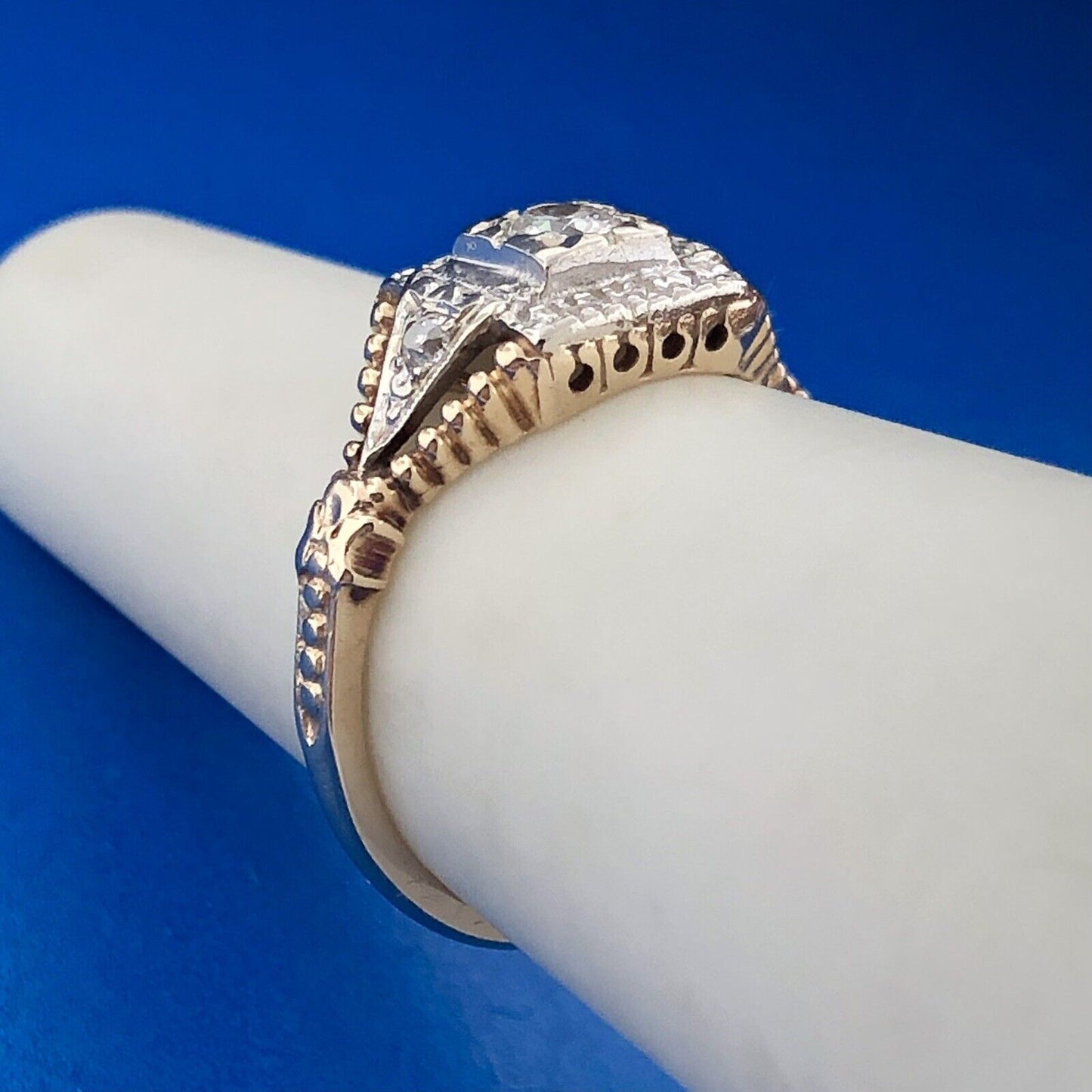 Art Deco 14K White Yellow Gold Diamond Accented Etruscan Style Engagement Ring