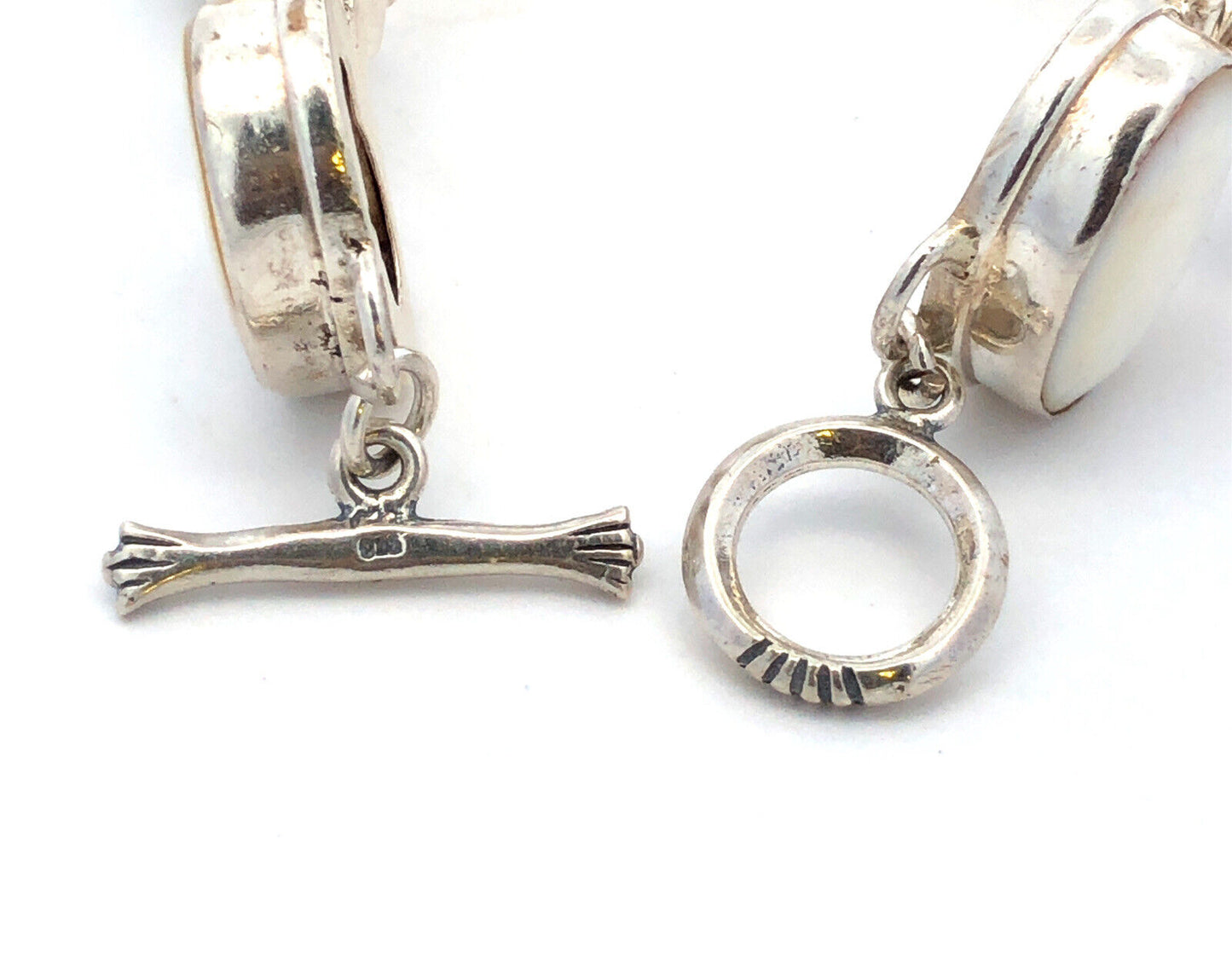Vintage 925 Sterling Silver Oval Mother of Pearl Pearl Toggle Tennis Bracelet