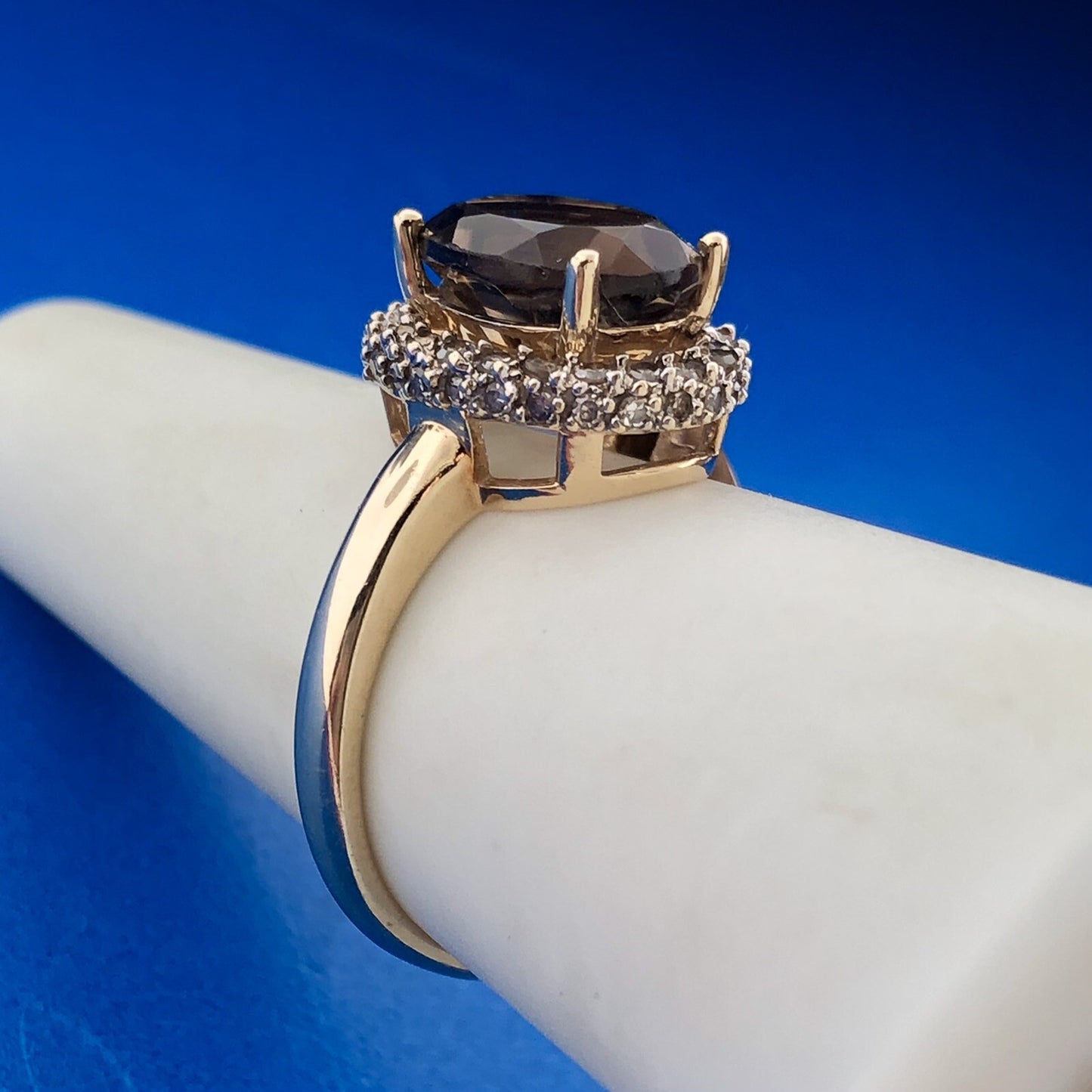 Retro Designer 14K Yellow Gold Oval Smoky Quartz Diamond Halo Cocktail Ring