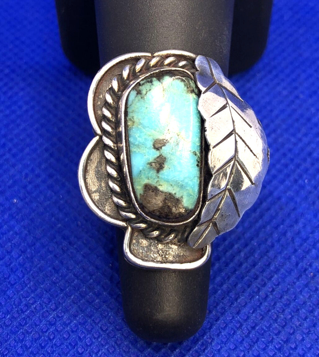 Taxco Mexico 925 Sterling Silver Turquoise Leaf Detail Statement Ring