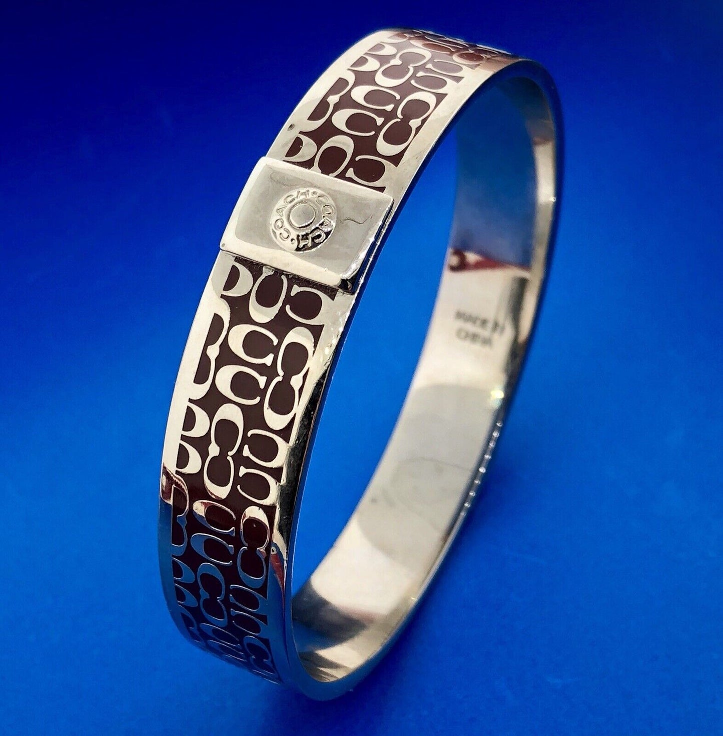 Authentic Coach Silver Tone Burgundy C Signature 1/2" Bangle Cuff Bracelet