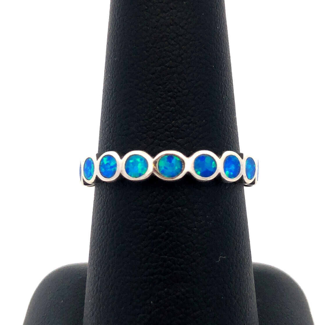925 Sterling Silver Round Blue Opal Inlay Bubble Stackable Band Ring