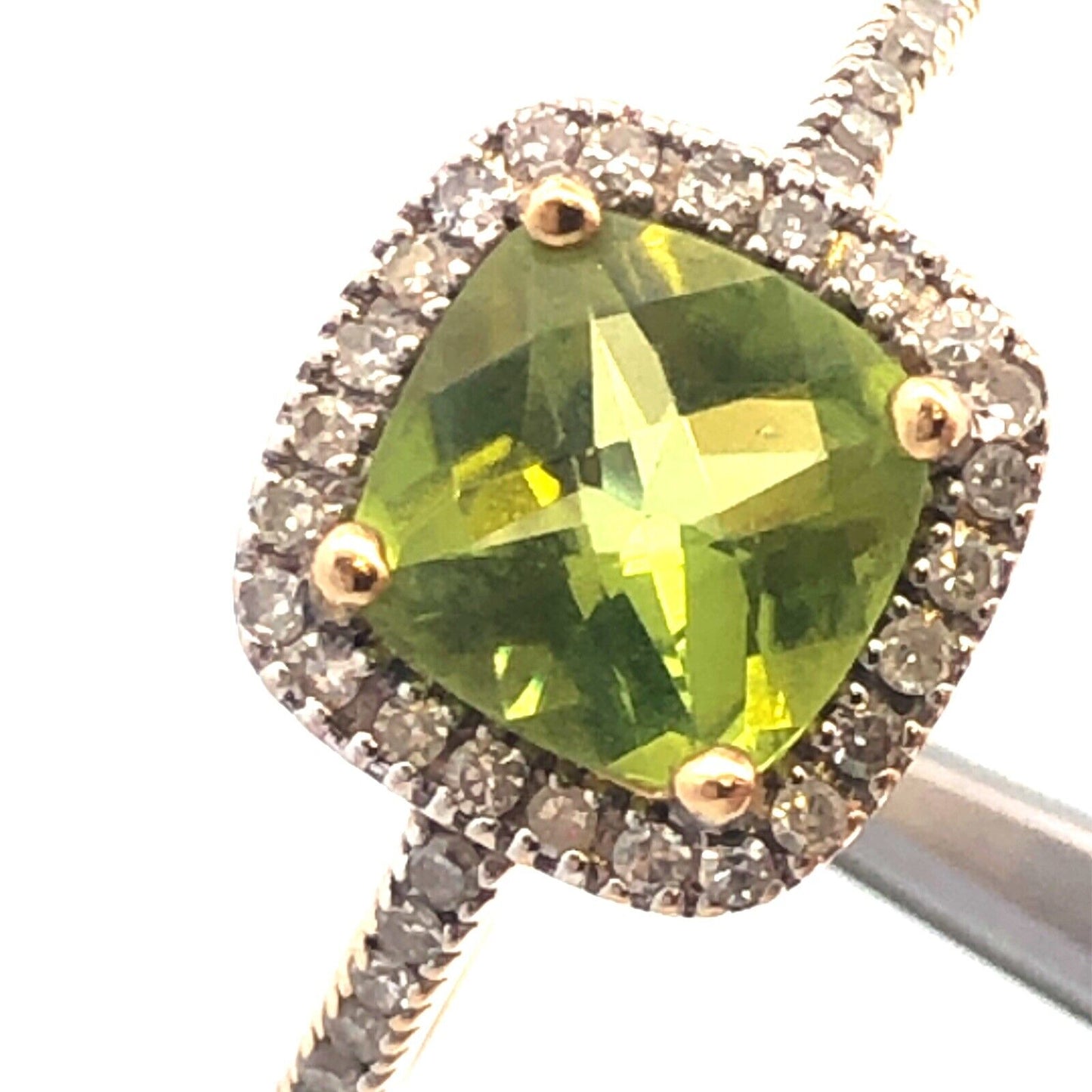 Beautiful Designer 14K Yellow Gold Peridot Diamond Halo Birthstone Cocktail Ring
