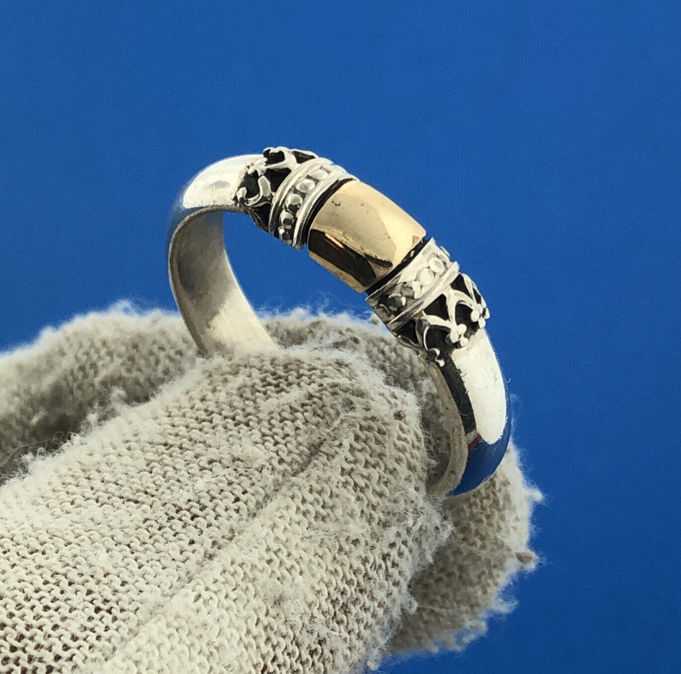 Estate Sterling Silver 925 14K Yellow Gold Filigree Wedding Stackable Band Ring