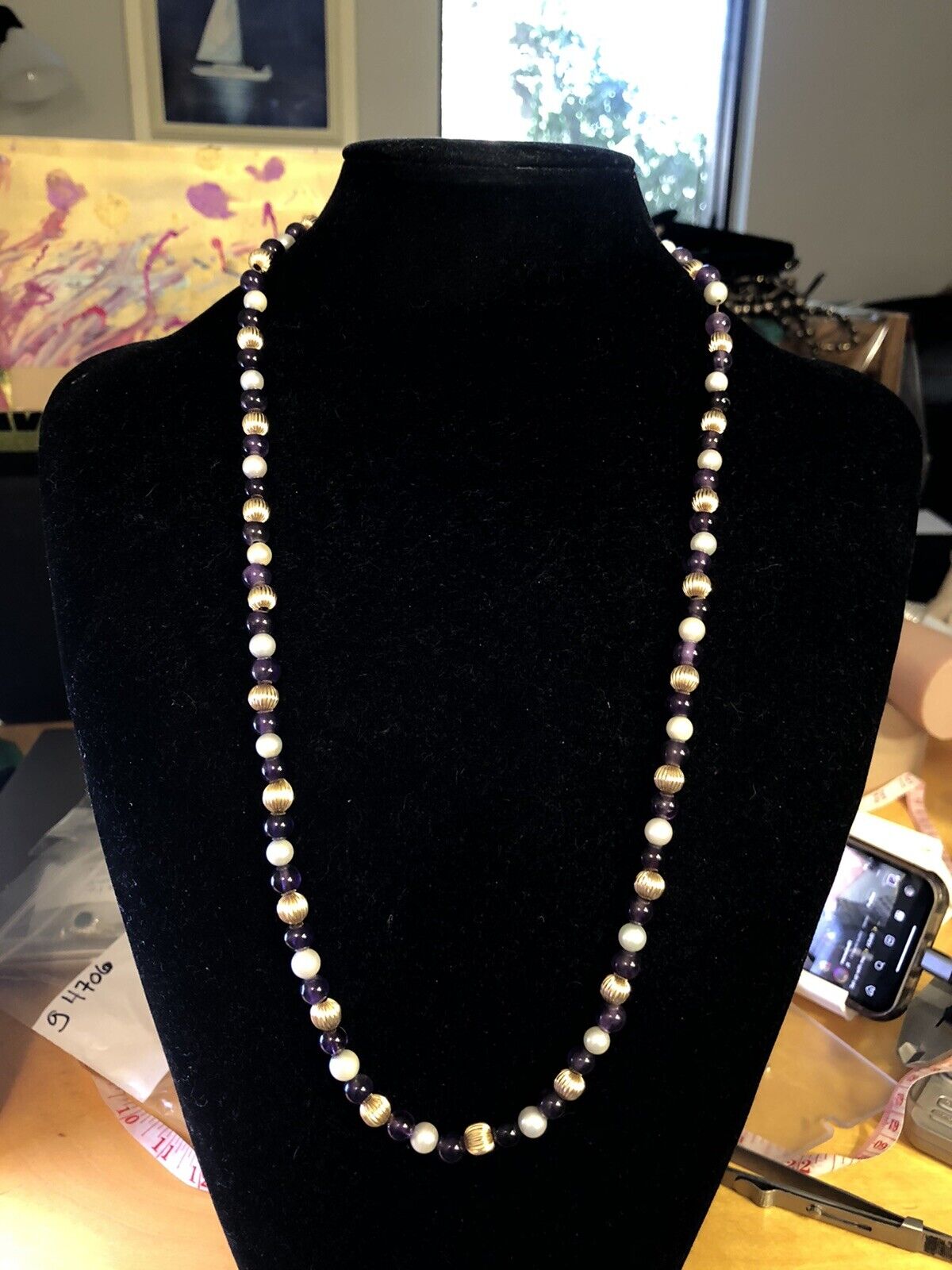 Estate 14K Yellow Gold Round White Pearl Purple Amethyst Beaded Necklace