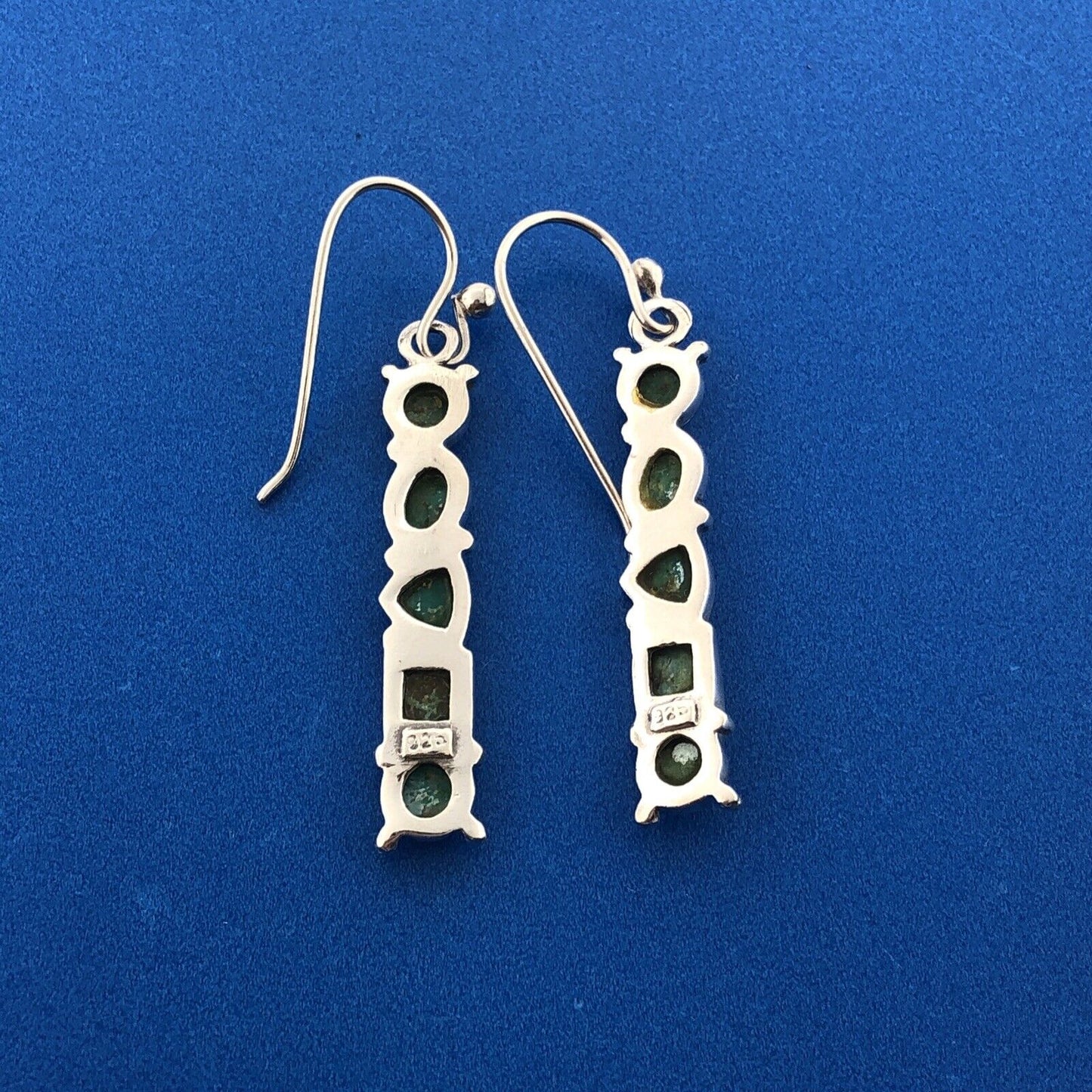 Sterling Silver 925 Multi-Shaped Cabochon Green Turquoise Dangle Hook Earrings