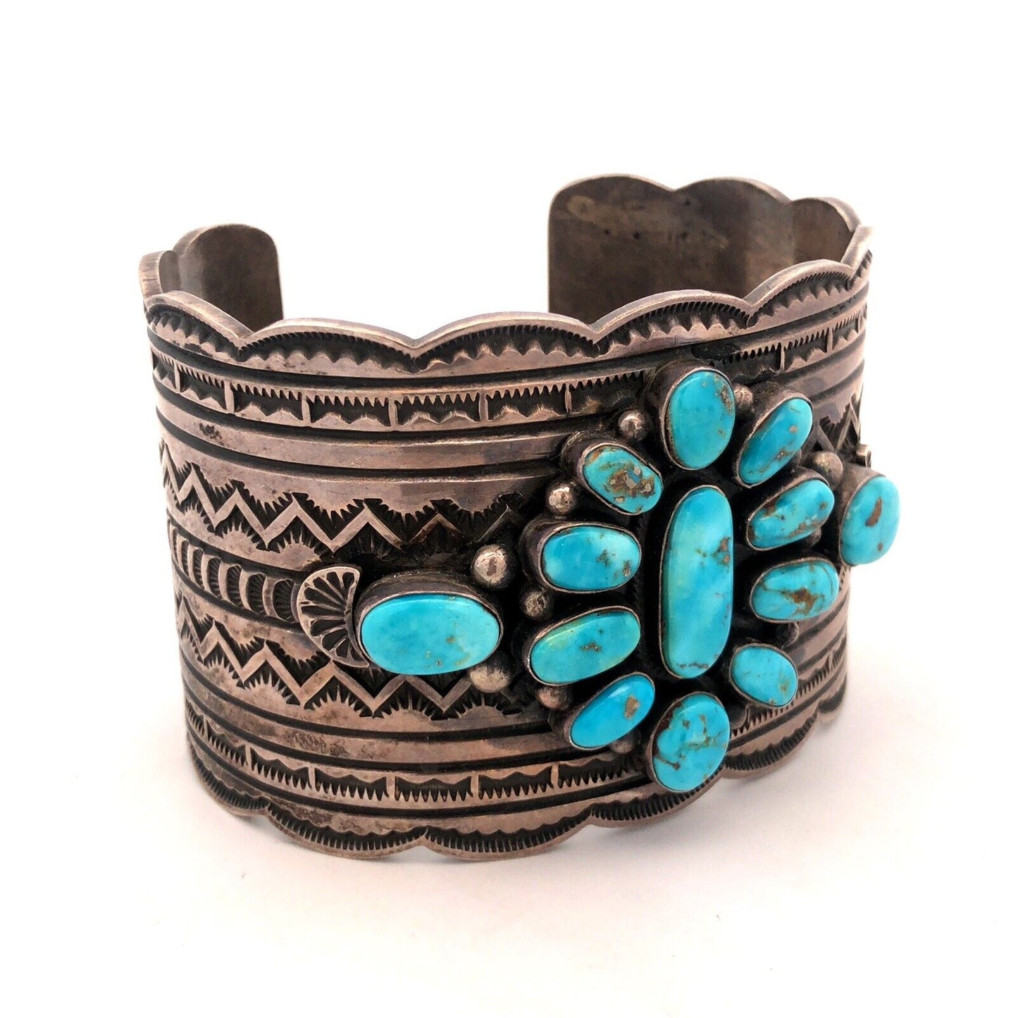 Andy Cadman Navajo 925 Sterling Silver Turquoise Concho Wide Open Cuff Bracelet
