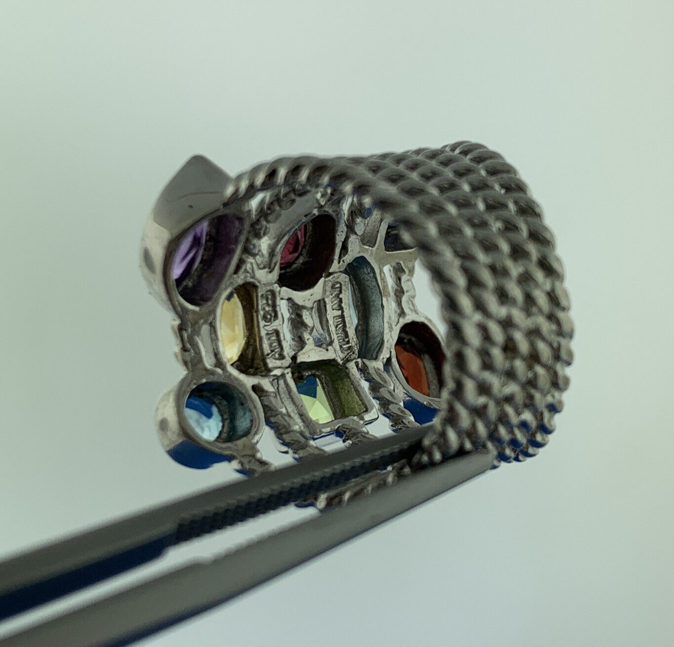 ATI 925 Sterling Silver Mixed Gemstone Five Rope Band Statement Cocktail Ring