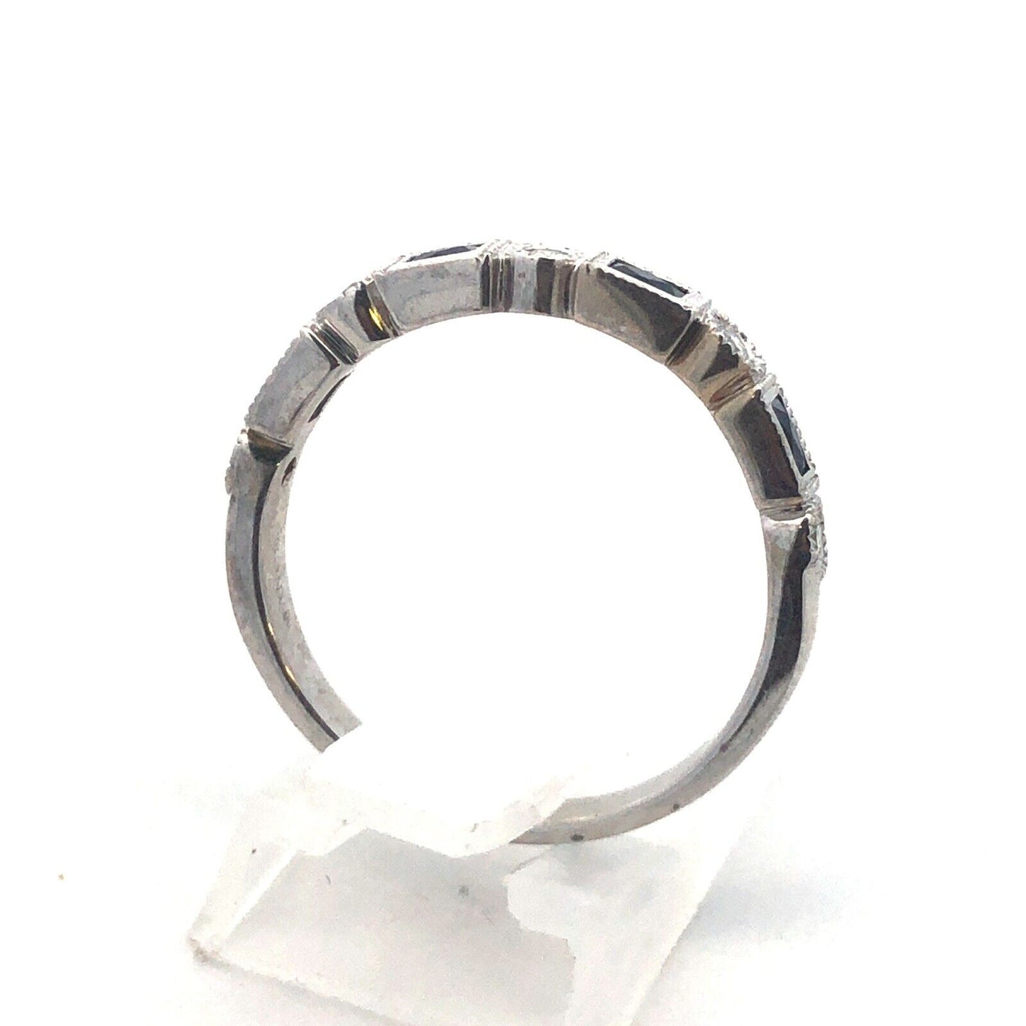 18K White Gold Emerald Cut Sapphire Round Diamond Stackable Anniversary Ring