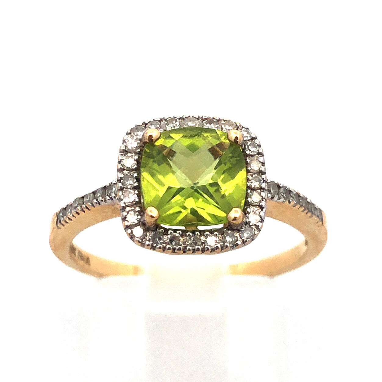 Beautiful Designer 14K Yellow Gold Peridot Diamond Halo Birthstone Cocktail Ring