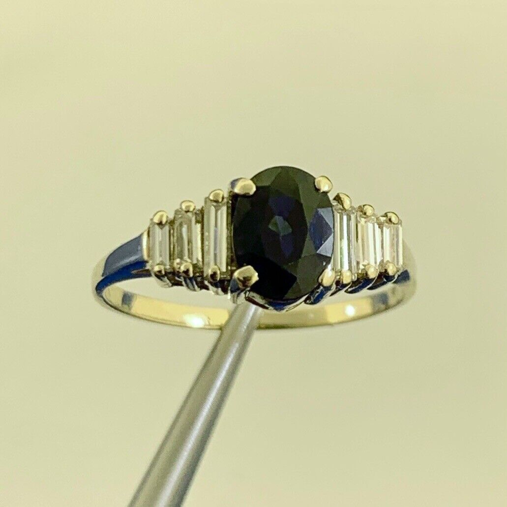 Designer 14K Yellow Gold Oval Sapphire Diamond Accent Anniversary Ring