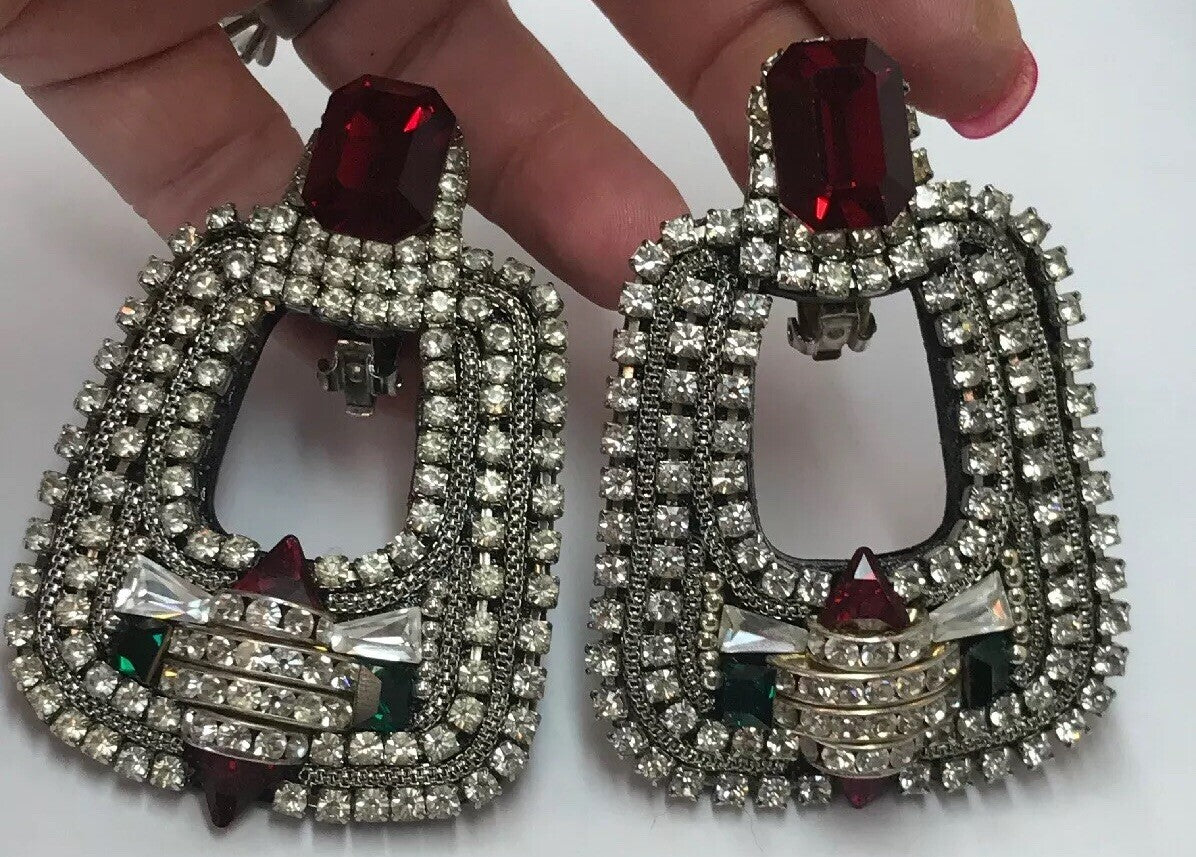 Original M&J Hansen '89 Signed Red Green Crystal Rhinestone Runway Clip Earrings