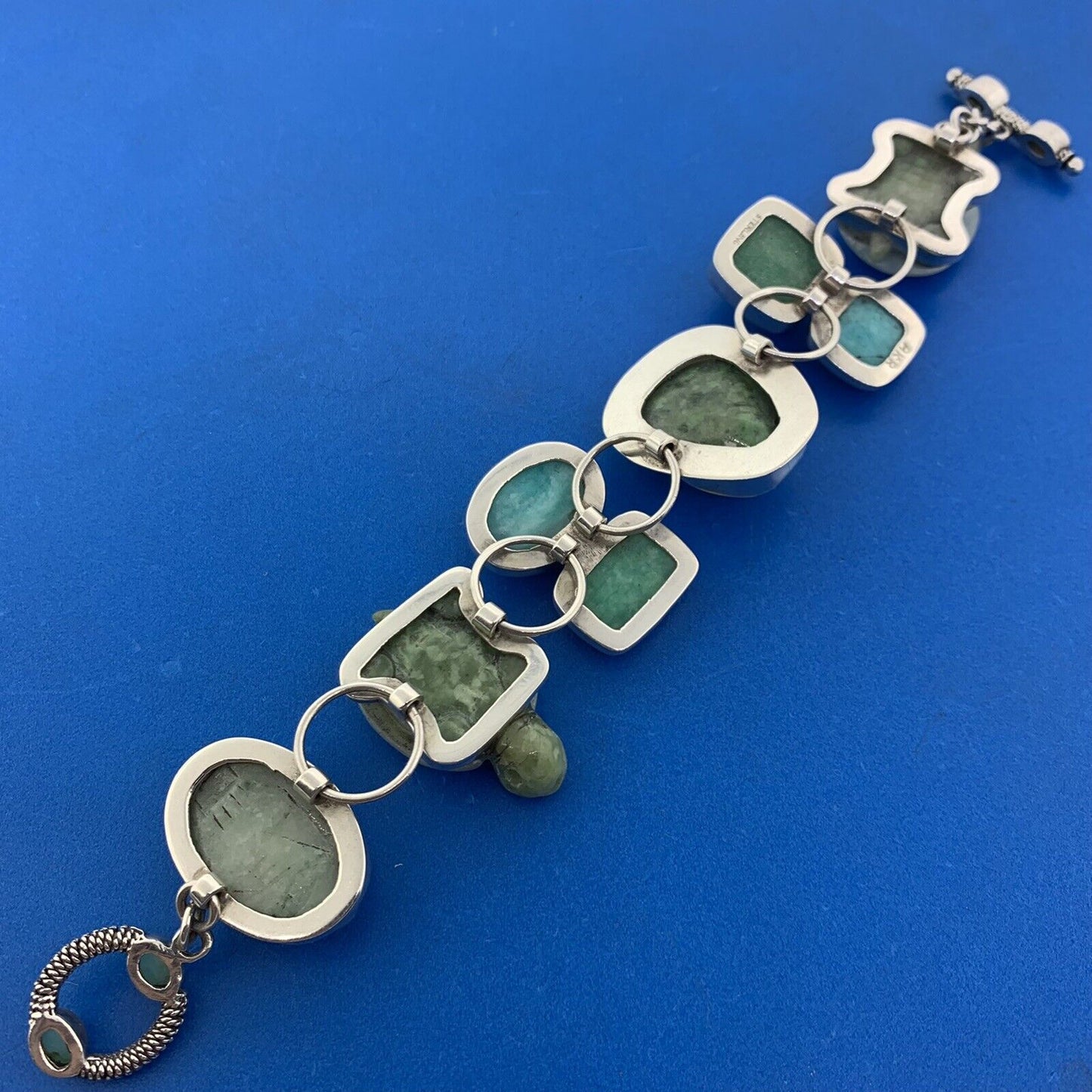 Amy Kahn Russell 925 Sterling Silver Mixed Carved Gemstone Statement Bracelet