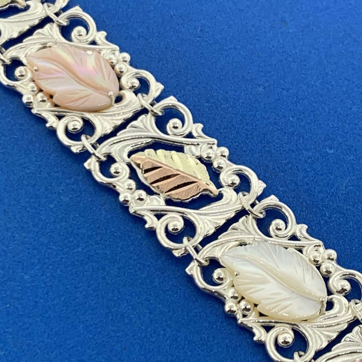 925 Sterling Silver 12K Yellow Rose Gold Mother Of Pearl Leaf Panel Bracelet