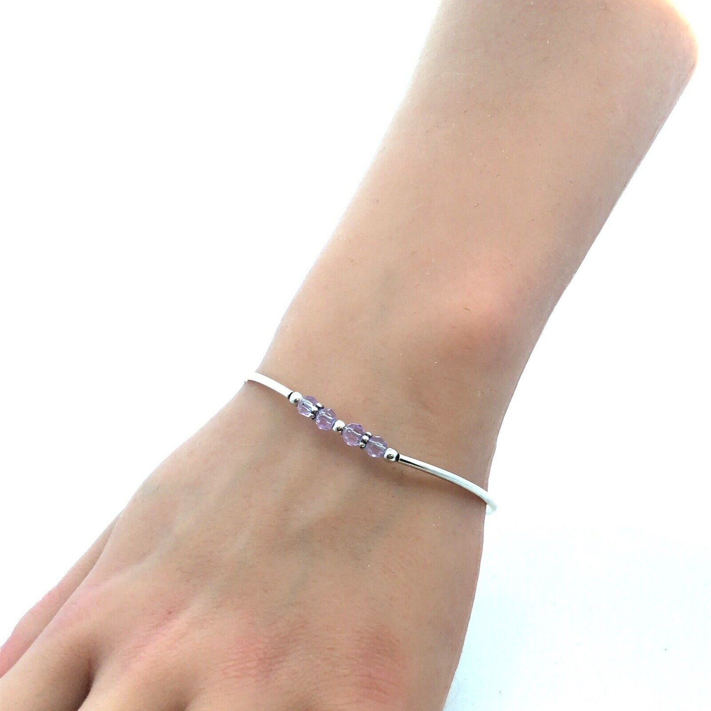 925 Sterling Silver Purple Crystal Beaded Round Bangle Bracelet