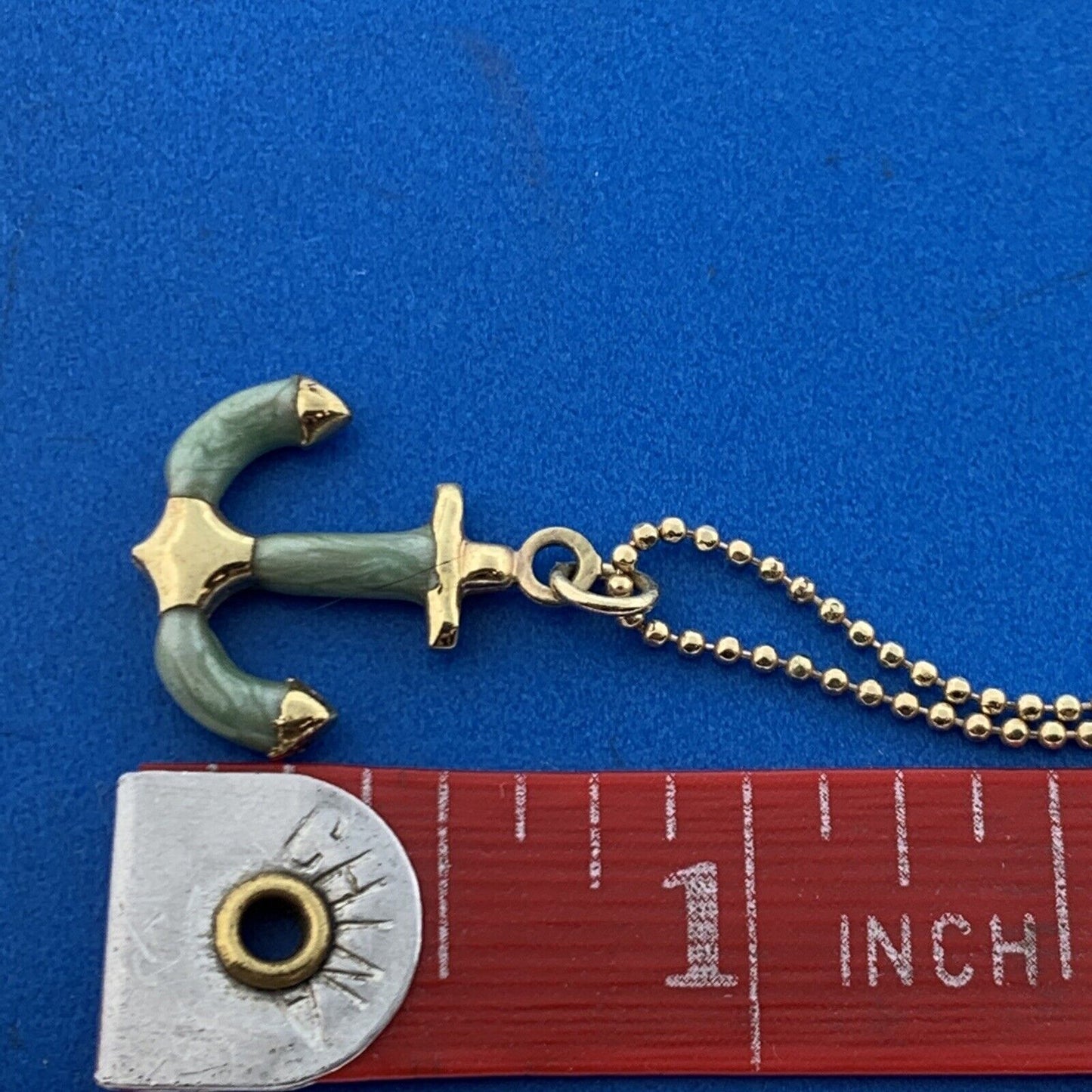 Designer Sheila Fajl Gold Tone Mint Green Anchors Away Beaded Chain Necklace