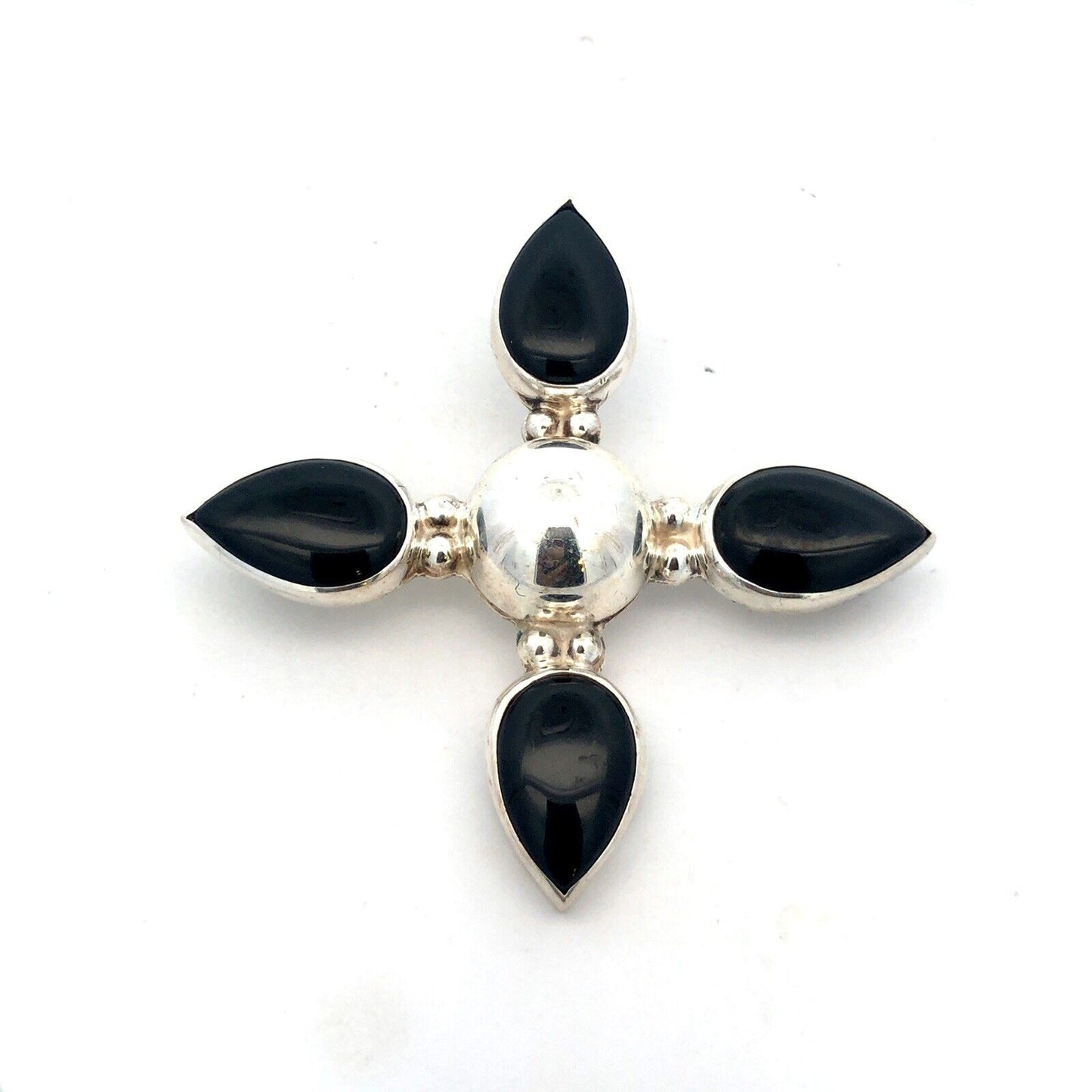 Mid Century Taxco Mexico 926 Sterling Silver Pear Black Onyx Pendant Brooch