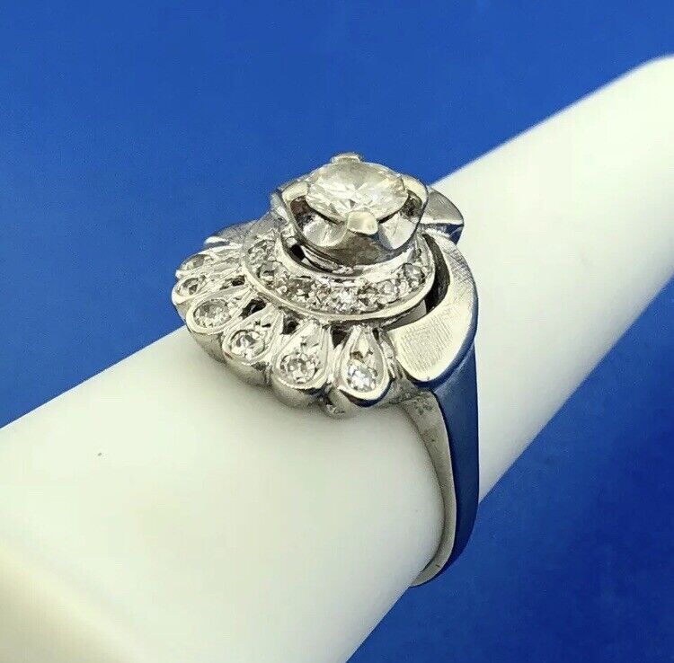 Art Deco 14K White Gold Diamond Solitaire Accents Free Form Engagement Ring