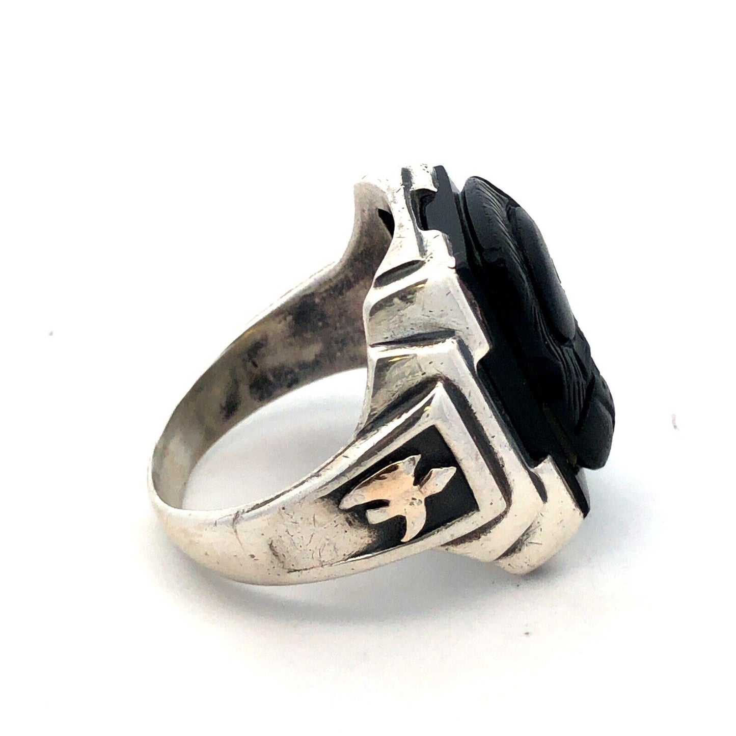 Designer G 925 Sterling Silver Carved Black Onyx Viking Roman Soldier Mens Ring